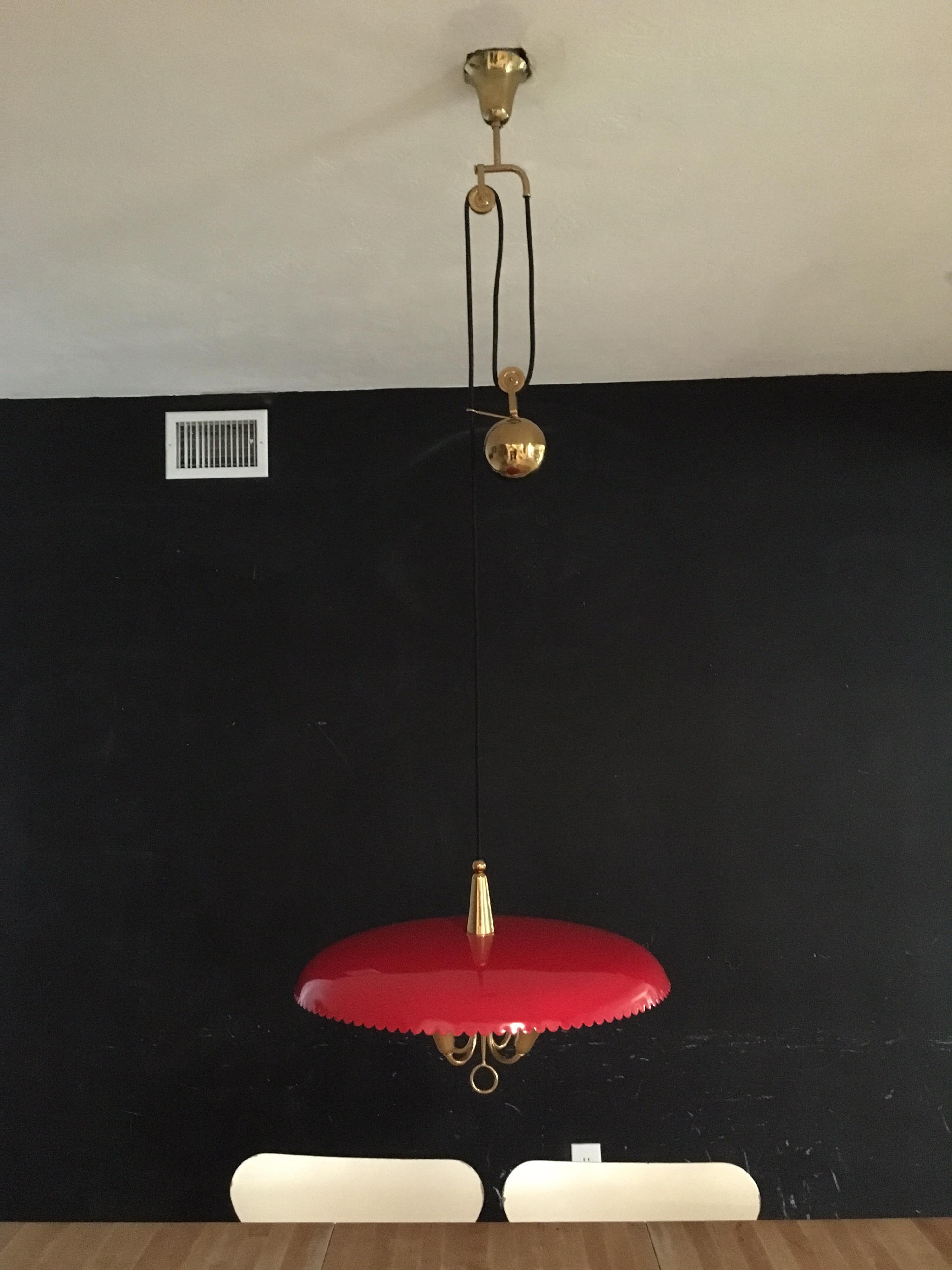Italian Counter Weight Chandelier Lamp Pendant, Brass and Red Lacquer, 1950s 11