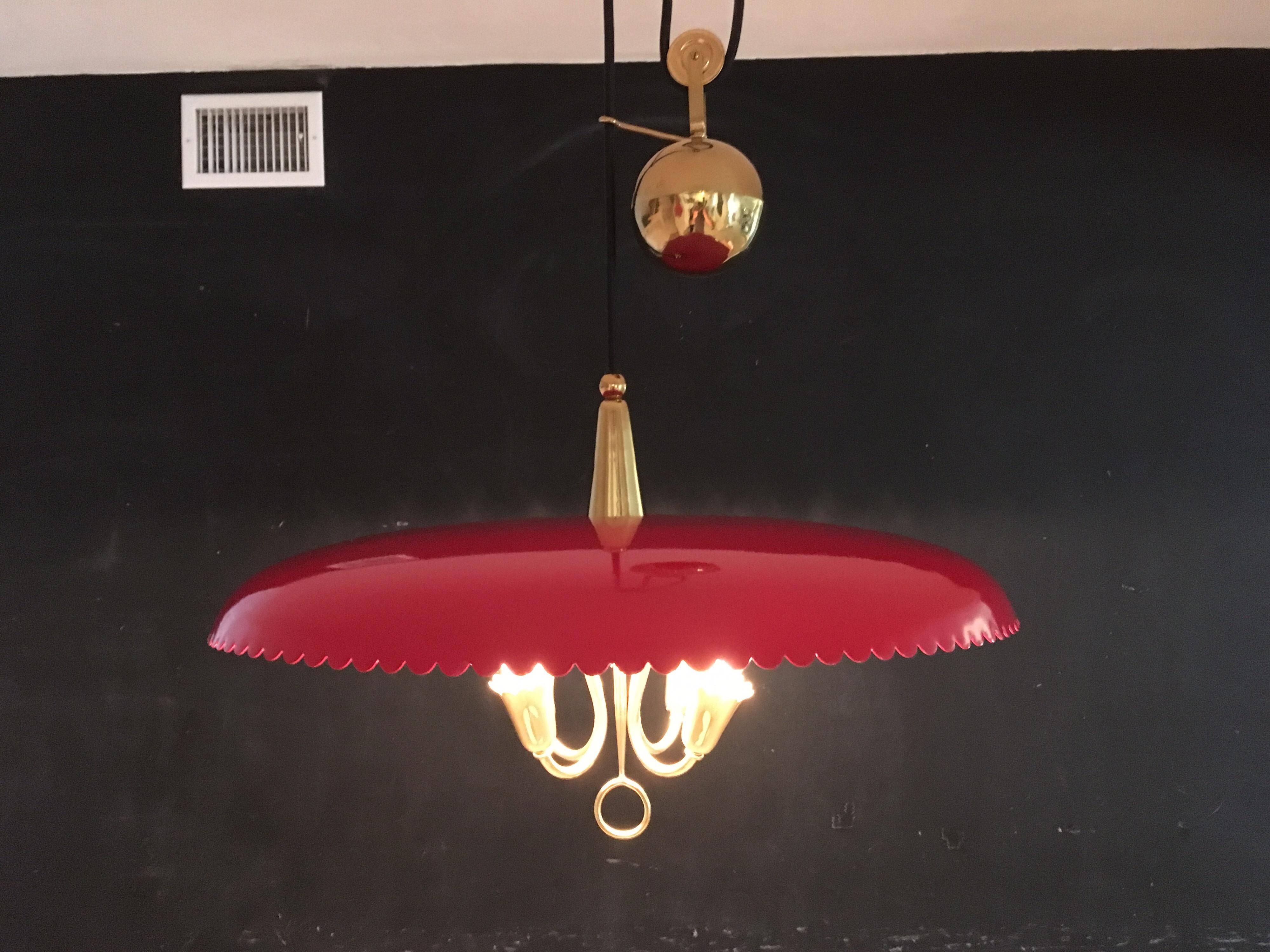 Italian Counter Weight Chandelier Lamp Pendant, Brass and Red Lacquer, 1950s 12