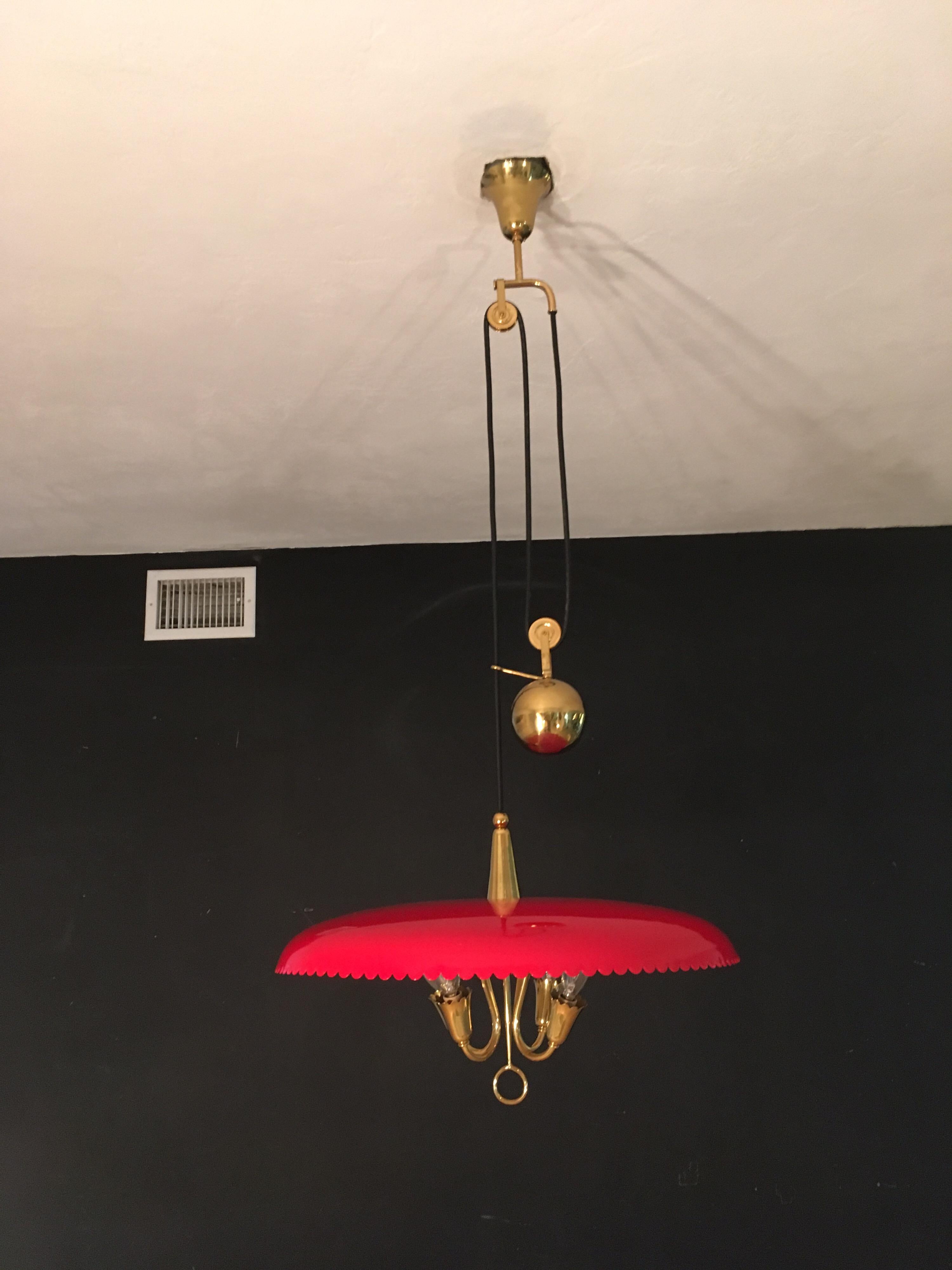 Italian Counter Weight Chandelier Lamp Pendant, Brass and Red Lacquer, 1950s 14