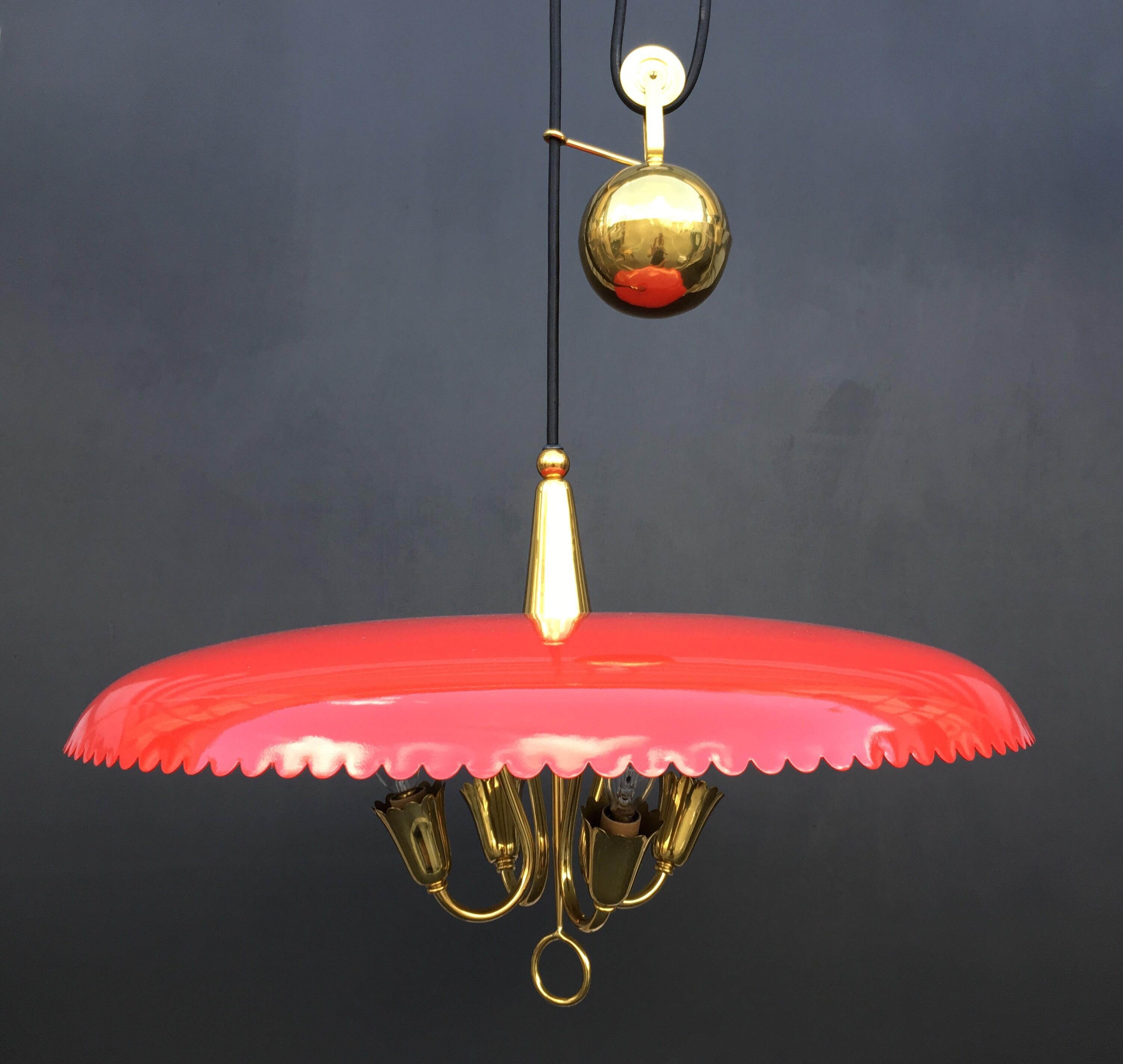 Metal Italian Counter Weight Chandelier Lamp Pendant, Brass and Red Lacquer, 1950s