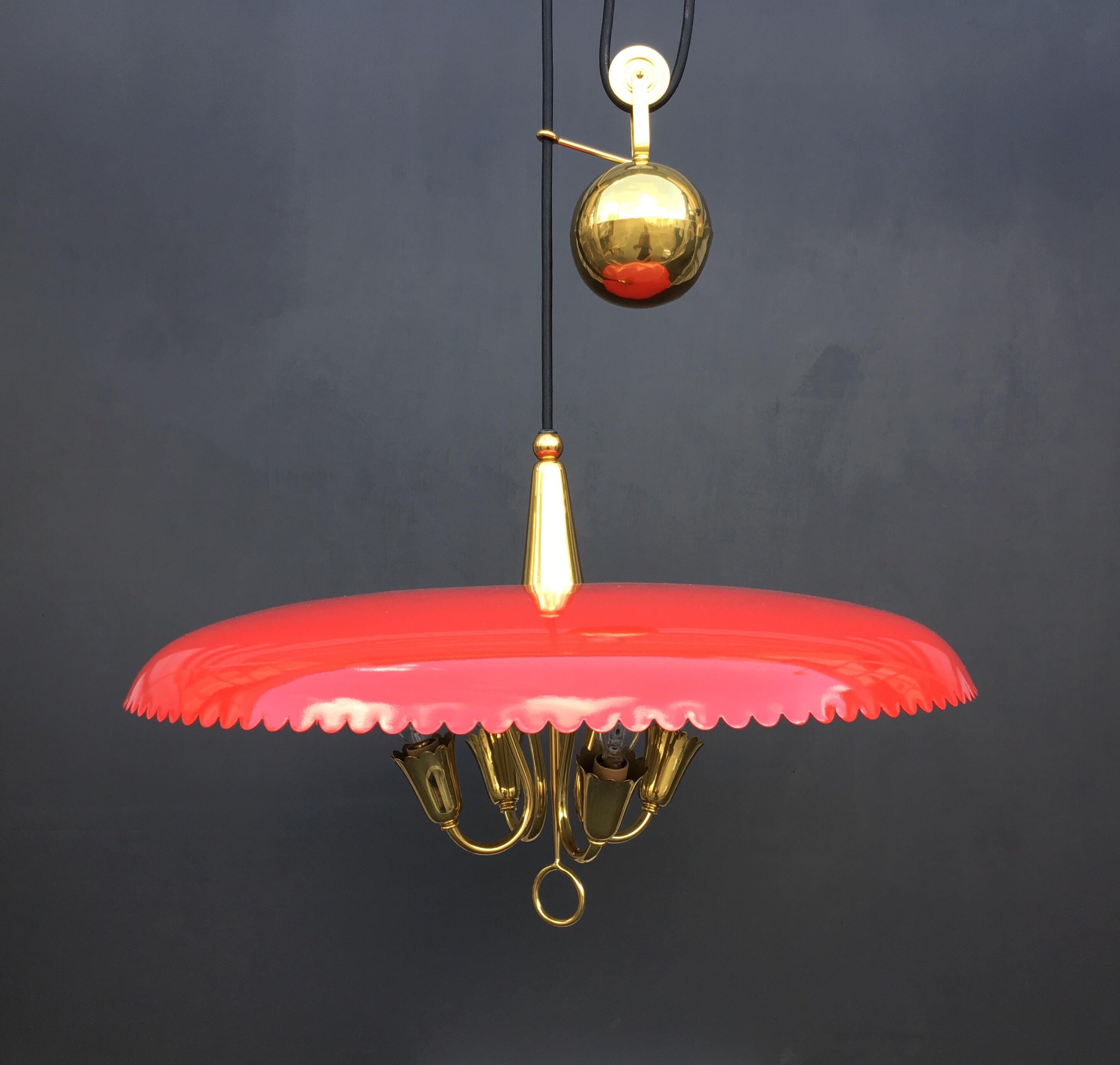 Italian Counter Weight Chandelier Lamp Pendant, Brass and Red Lacquer, 1950s 1