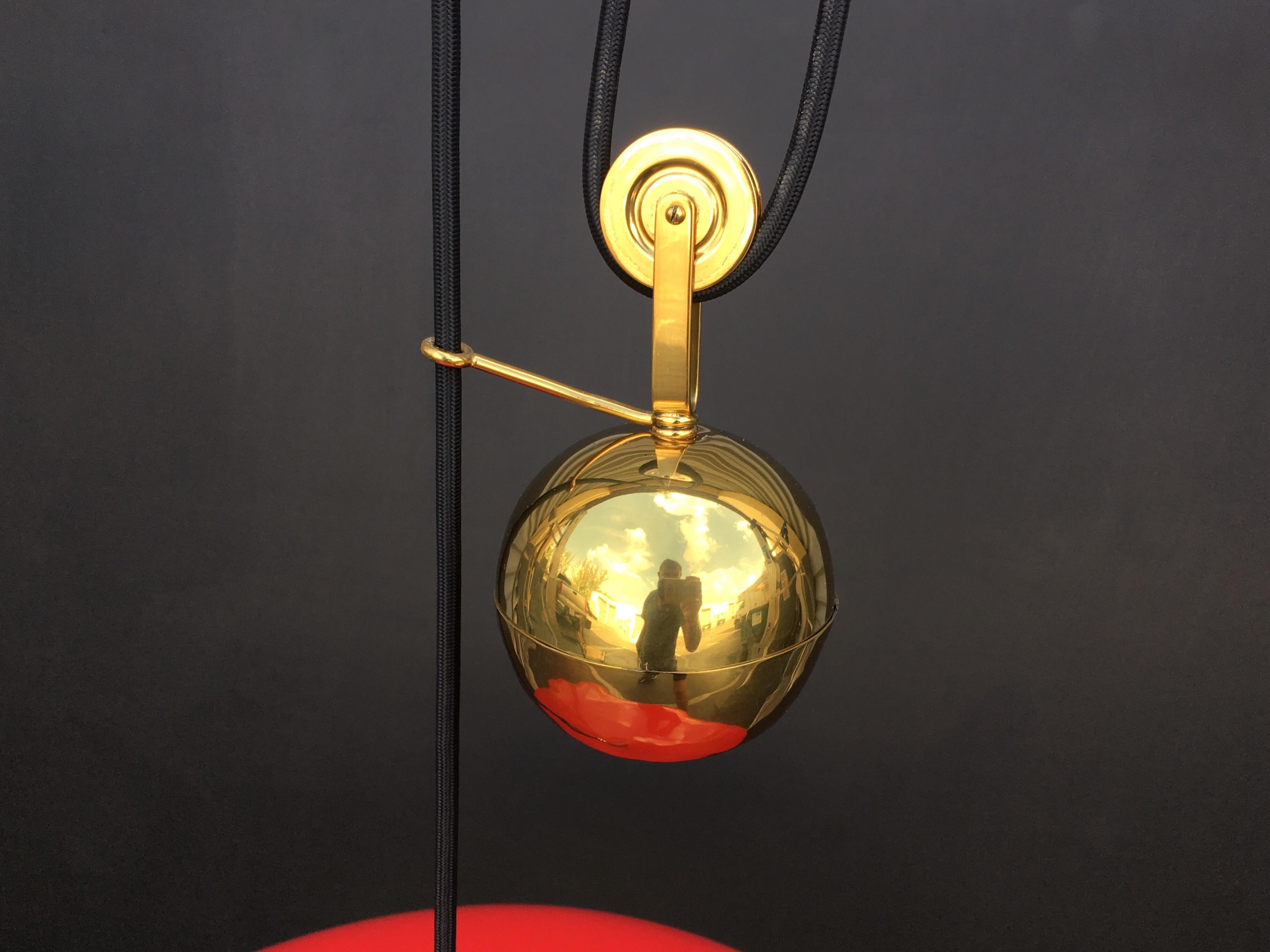 Italian Counter Weight Chandelier Lamp Pendant, Brass and Red Lacquer, 1950s 2