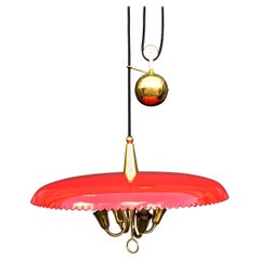 Italian Counter Weight Chandelier Lamp Pendant, Brass and Red Lacquer, 1950s