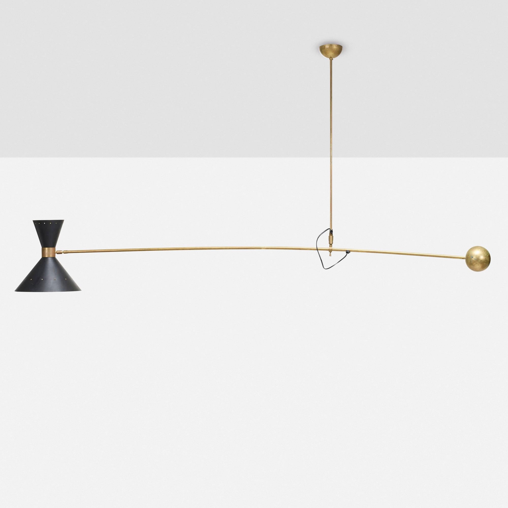 Italian Counterbalance Brass Ceiling Lamp with Adjustable Diabolo Shade For Sale 4