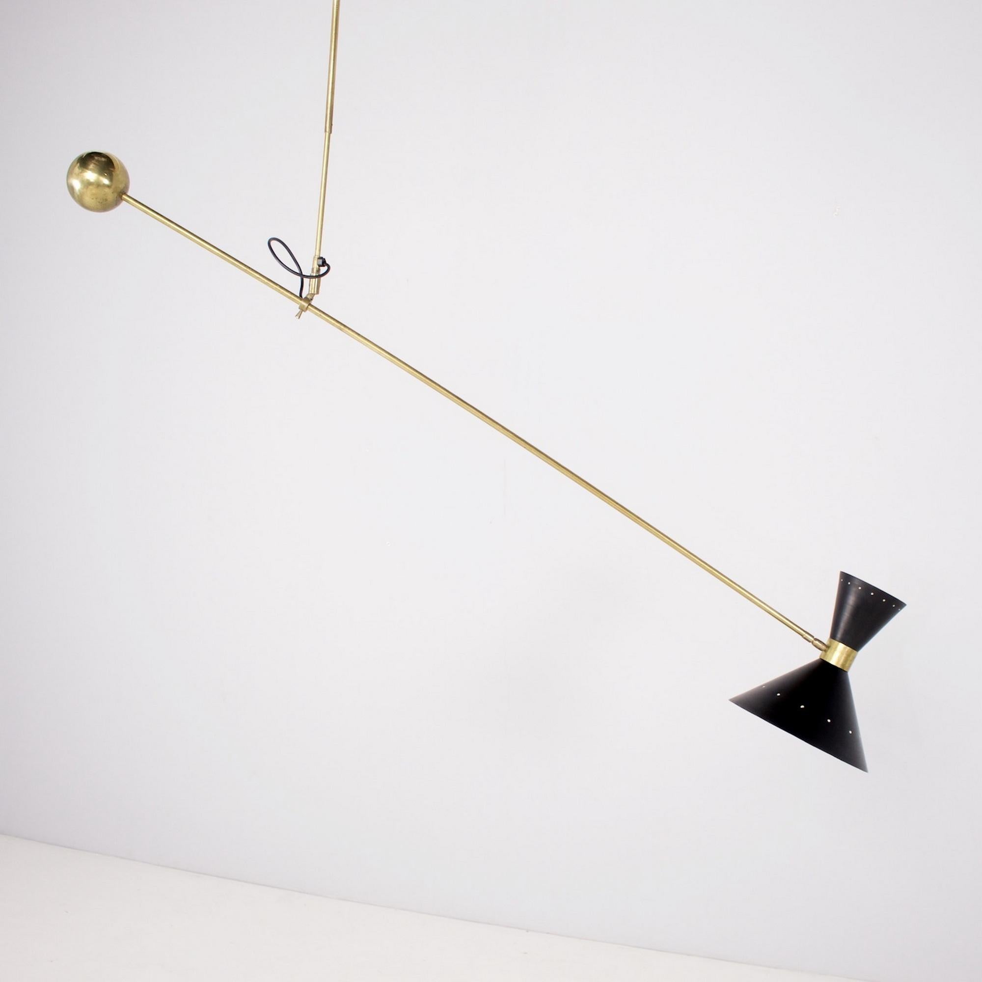 Mid-Century Modern Italian Counterbalance Brass Ceiling Lamp with Adjustable Diabolo Shade For Sale