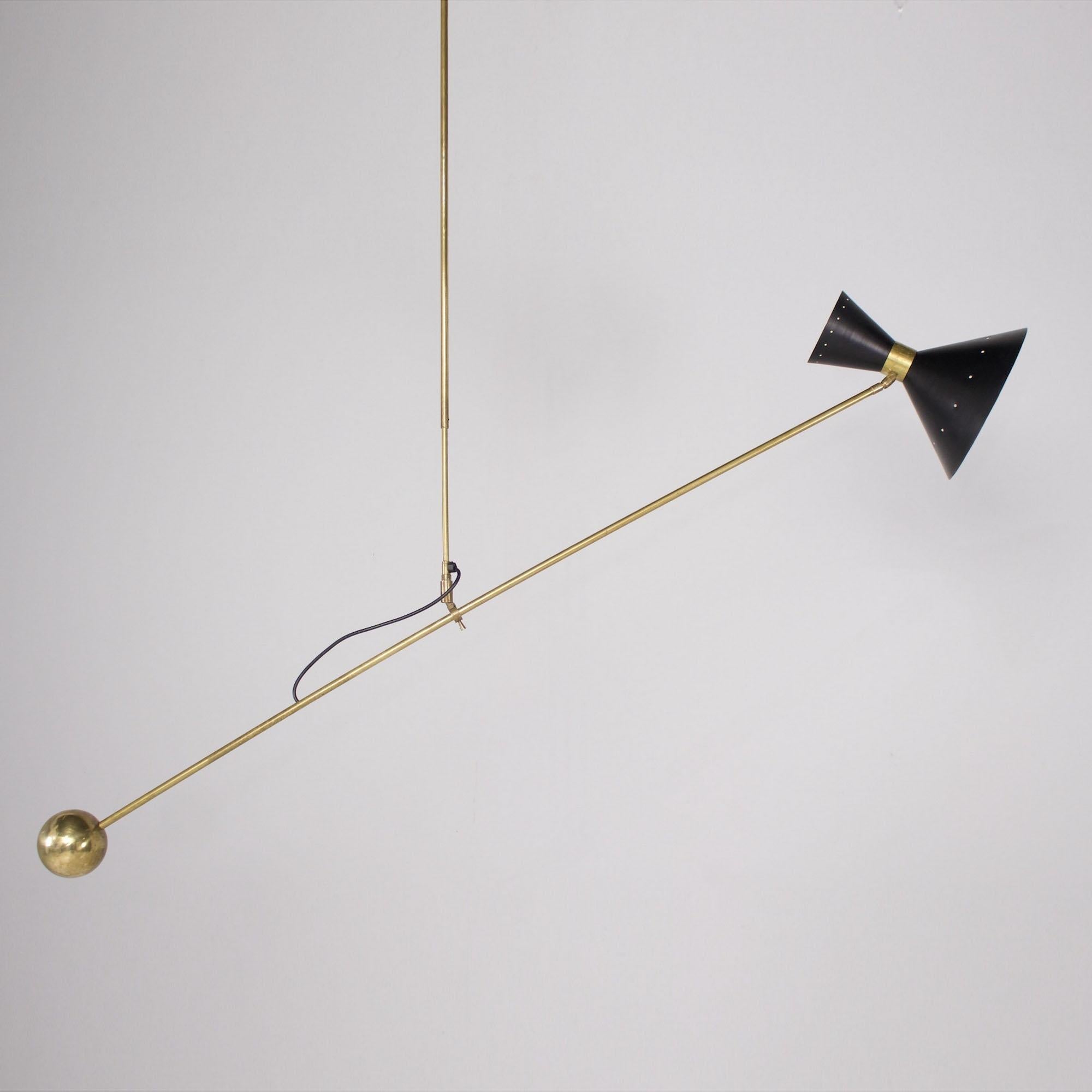 Lacquered Italian Counterbalance Brass Ceiling Lamp with Adjustable Diabolo Shade For Sale
