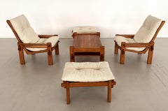 Italian Country Living Room Set in Solid Oak with new Bouclé Upholstery, 1970s