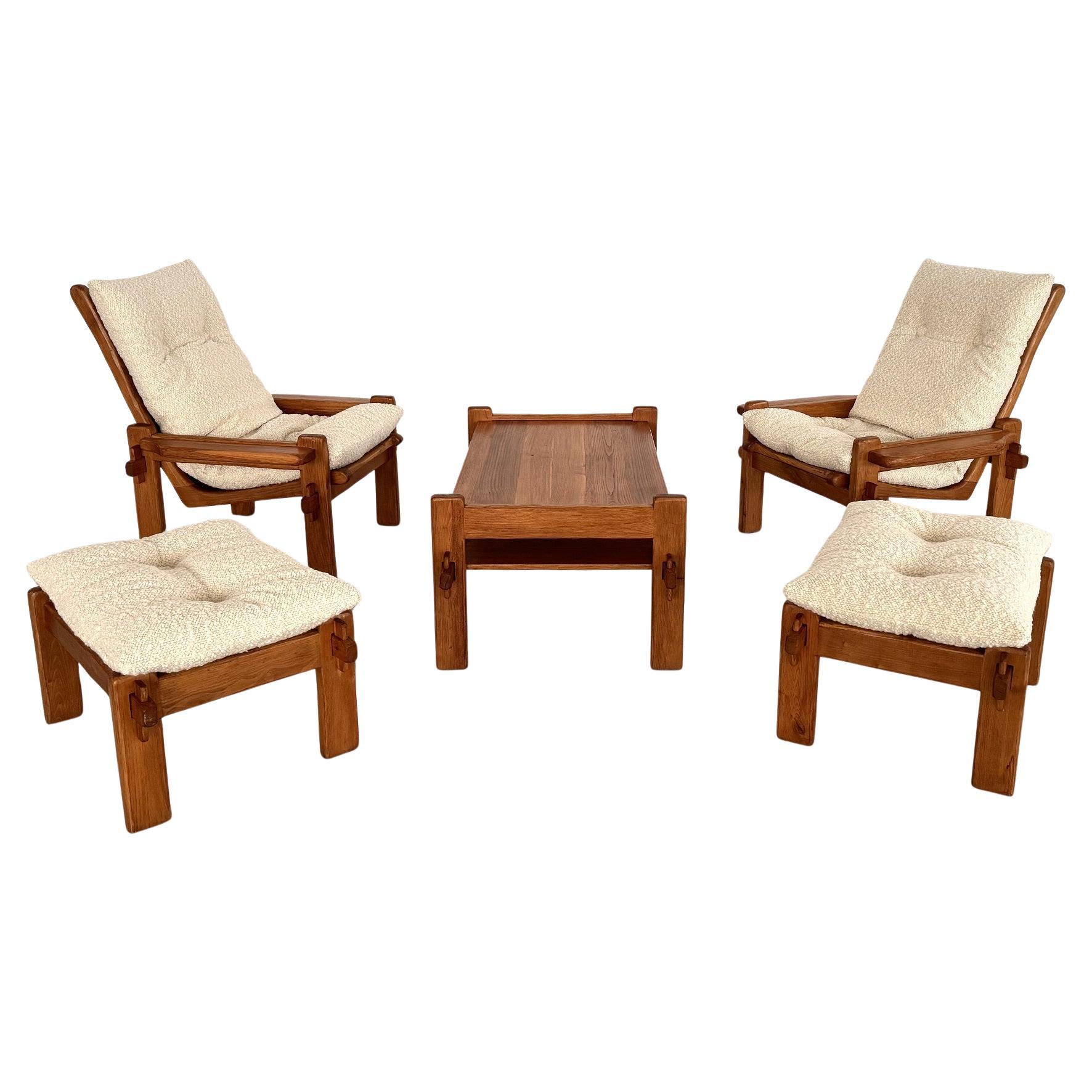Italian Country Living Room Set in Solid Oak with new Bouclé Upholstery, 1970s