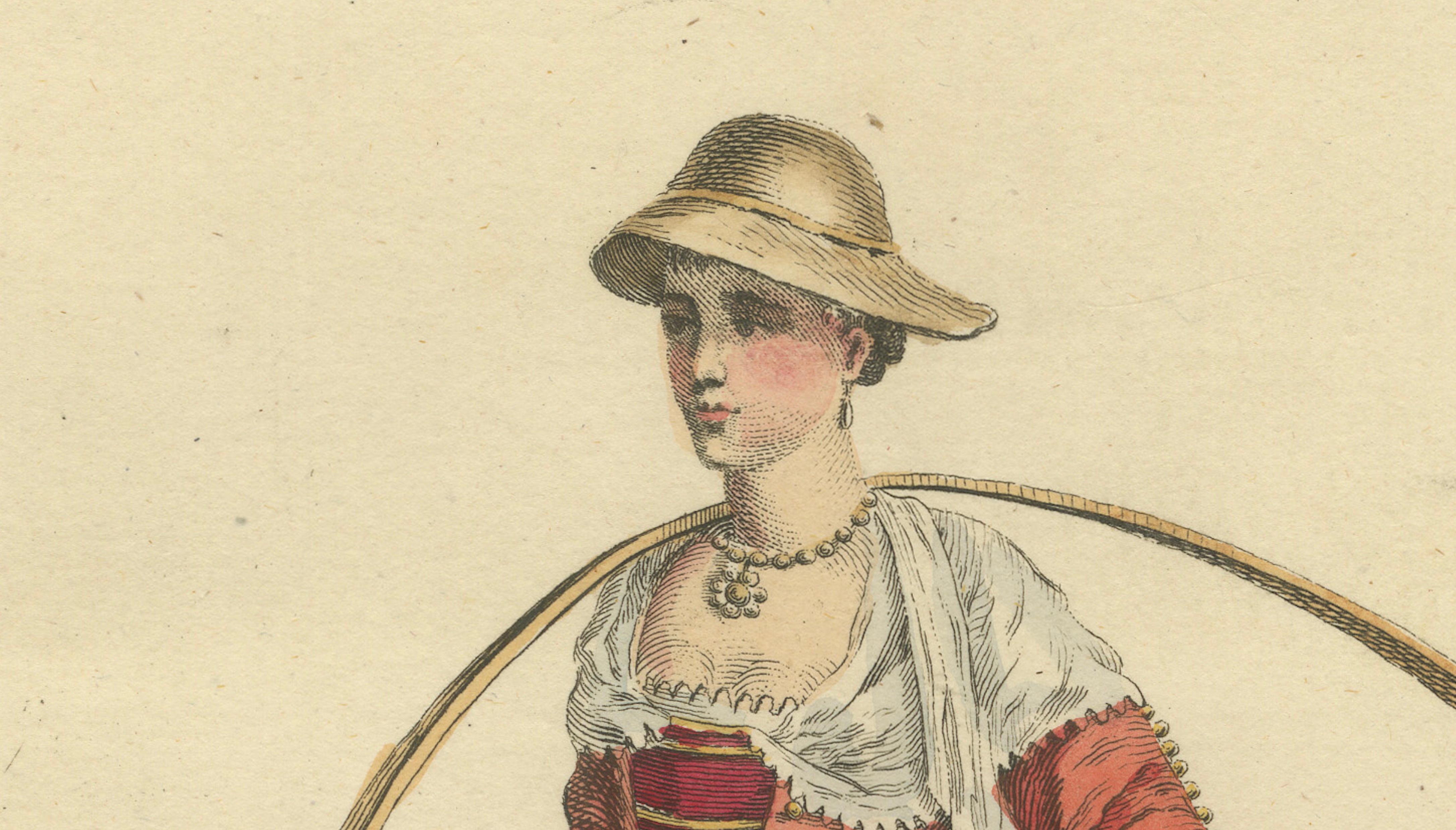 Italian Country Woman Costume Print, Pavia Peasant Dress, 1749