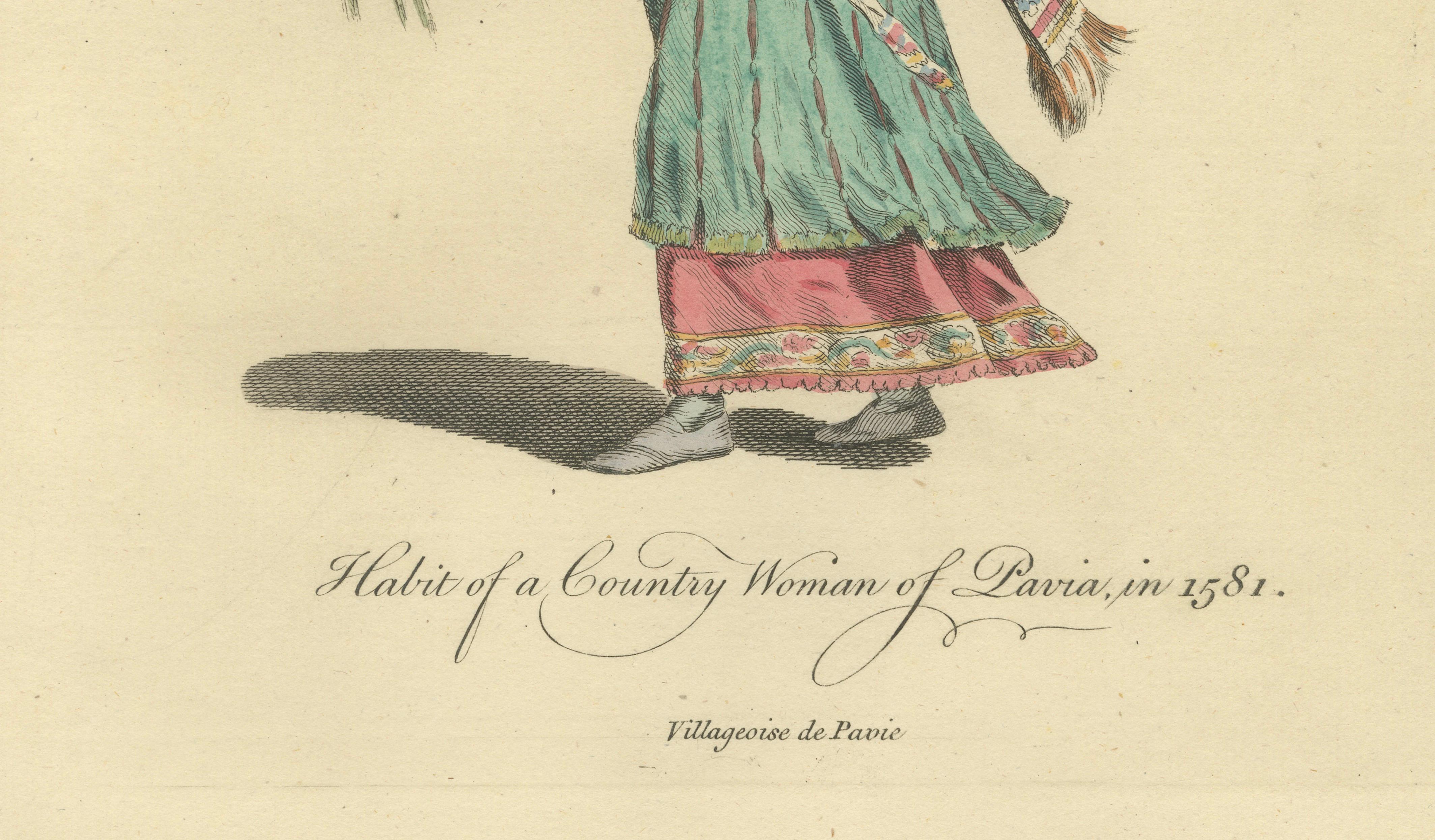 Italian Country Woman Costume Print, Pavia Peasant Dress, 1749