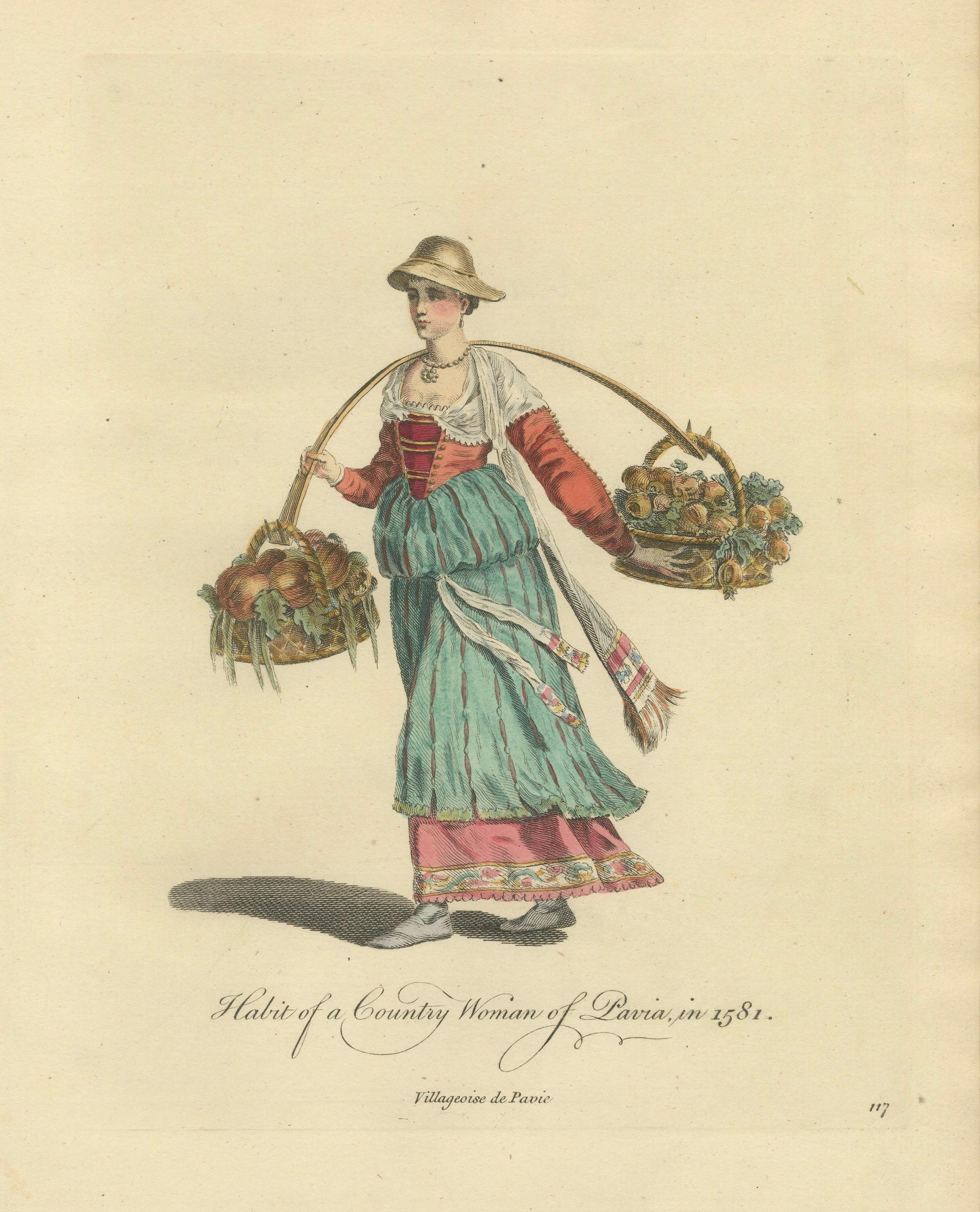 Italian Country Woman Costume Print, Pavia Peasant Dress, 1749