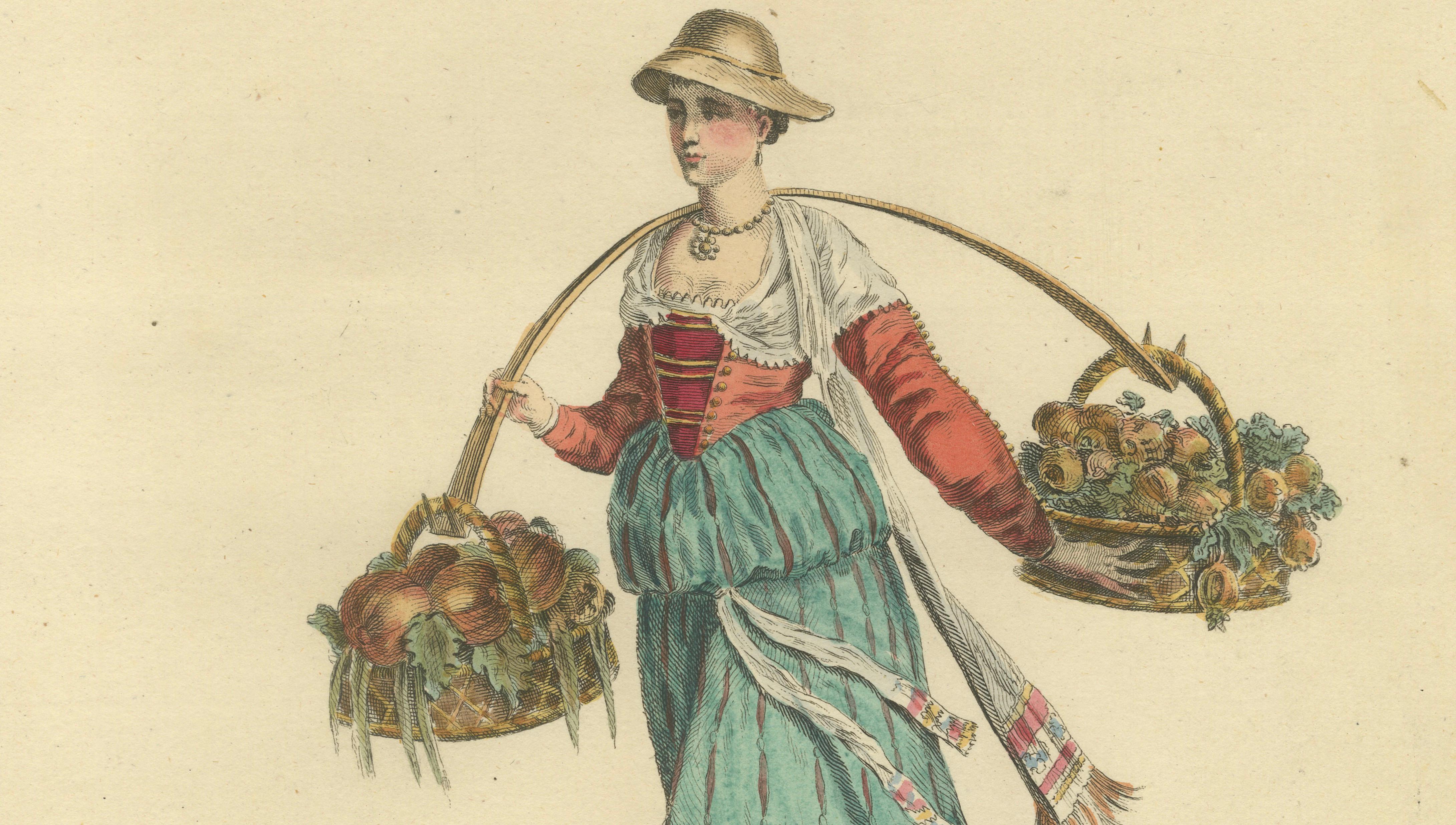Italian Country Woman Costume Print, Pavia Peasant Dress, 1749