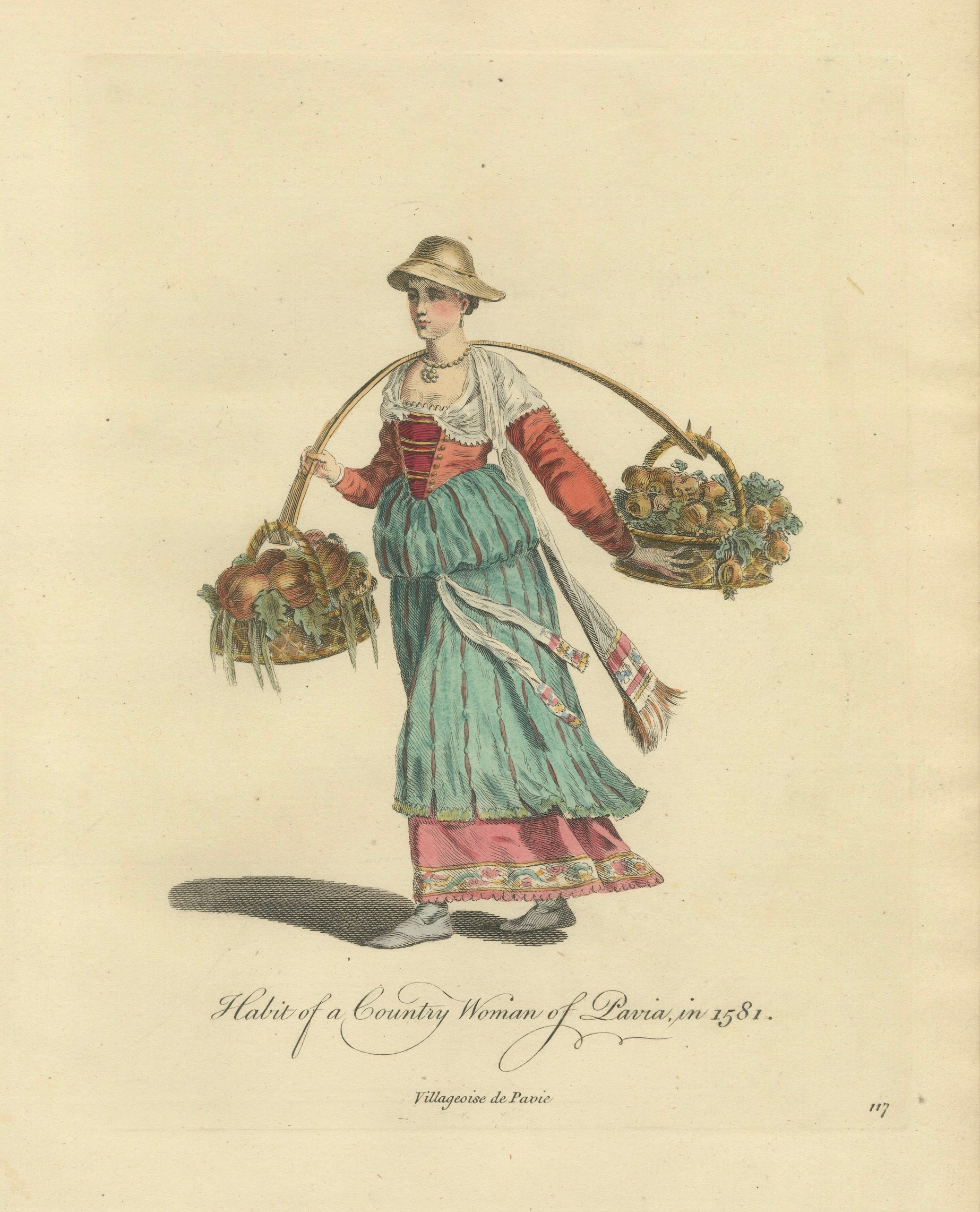 Italian Country Woman Costume Print, Pavia Peasant Dress, 1749