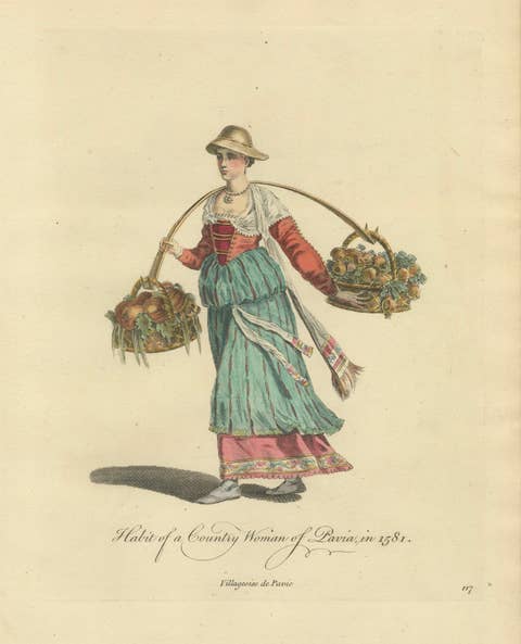 Italian Country Woman Costume Print, Pavia Peasant Dress, 1749