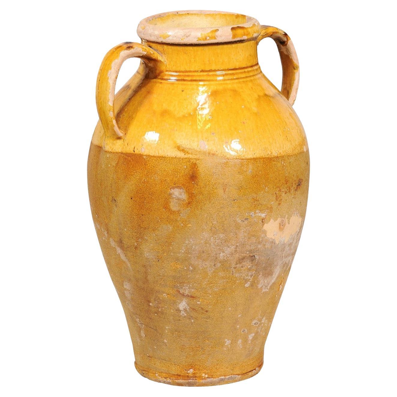 Italian Country Yellow Glazed Pot with Two Large Handles, 20th Century For Sale