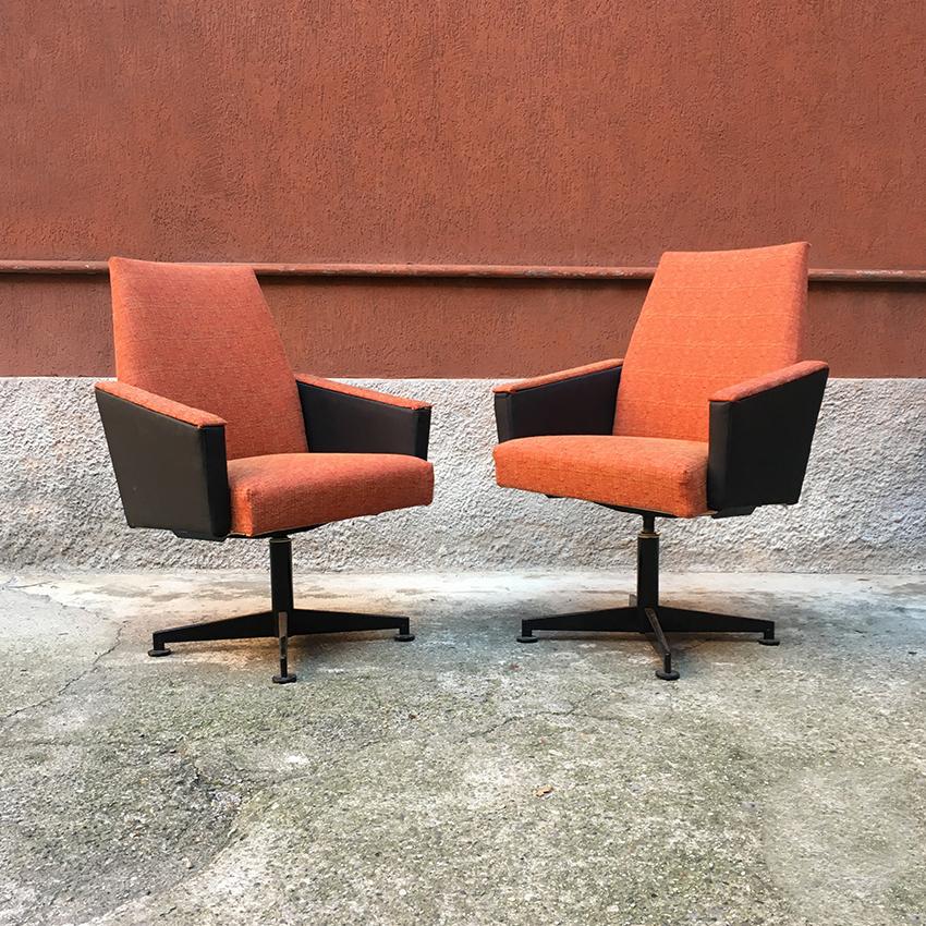 Italian Couple of Orange Fabric, Sky and Metal Swivel Chairs, 1960s 4