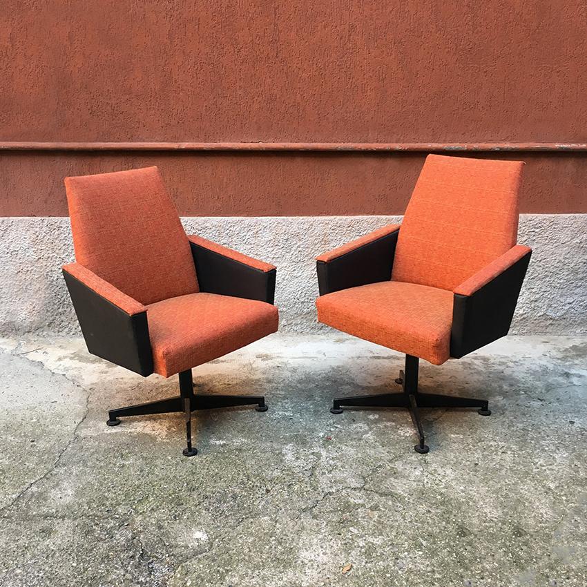 Italian Couple of Orange Fabric, Sky and Metal Swivel Chairs, 1960s 5