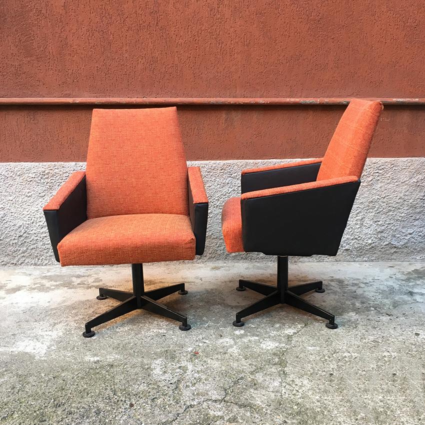 Mid-Century Modern Italian Couple of Orange Fabric, Sky and Metal Swivel Chairs, 1960s