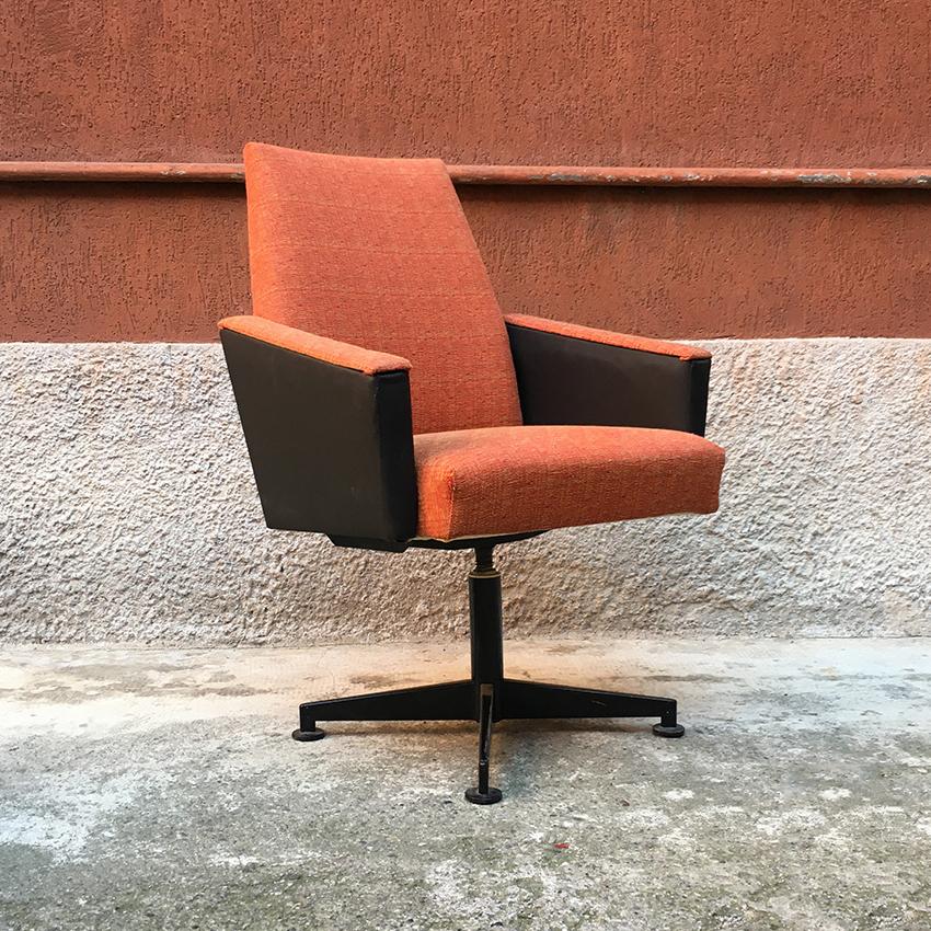 Enameled Italian Couple of Orange Fabric, Sky and Metal Swivel Chairs, 1960s
