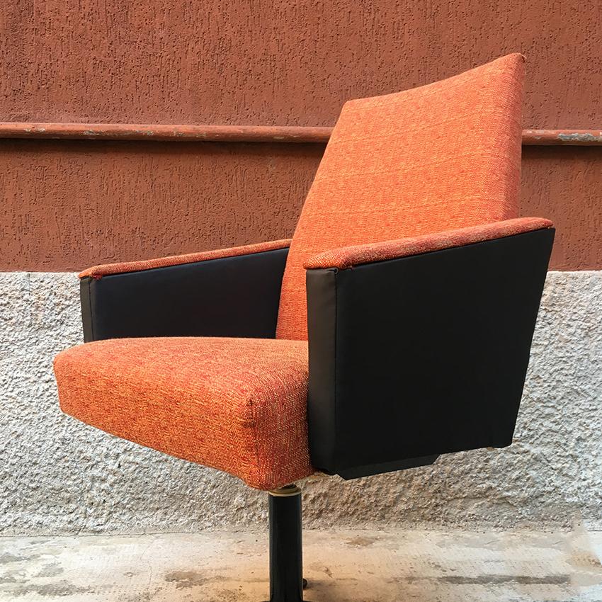 Mid-20th Century Italian Couple of Orange Fabric, Sky and Metal Swivel Chairs, 1960s