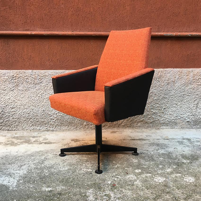 Italian Couple of Orange Fabric, Sky and Metal Swivel Chairs, 1960s 1
