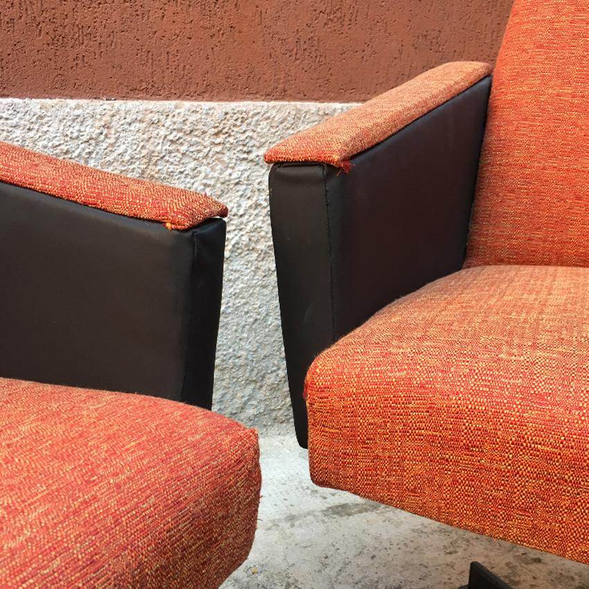 Italian Couple of Orange Fabric, Sky and Metal Swivel Chairs, 1960s 3