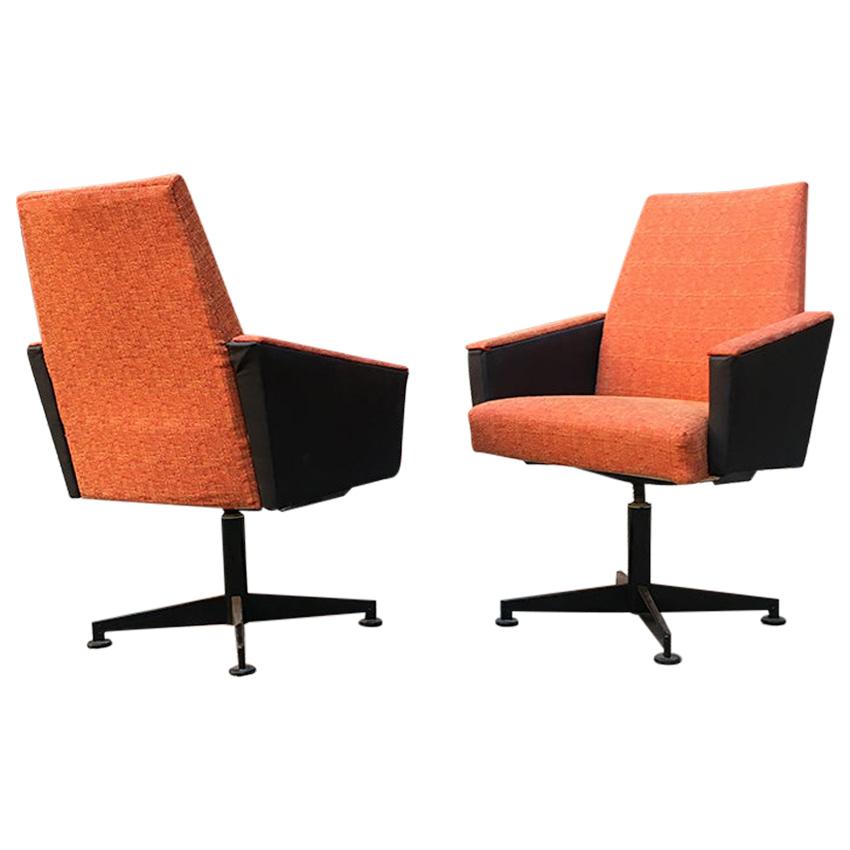 Italian Couple of Orange Fabric, Sky and Metal Swivel Chairs, 1960s