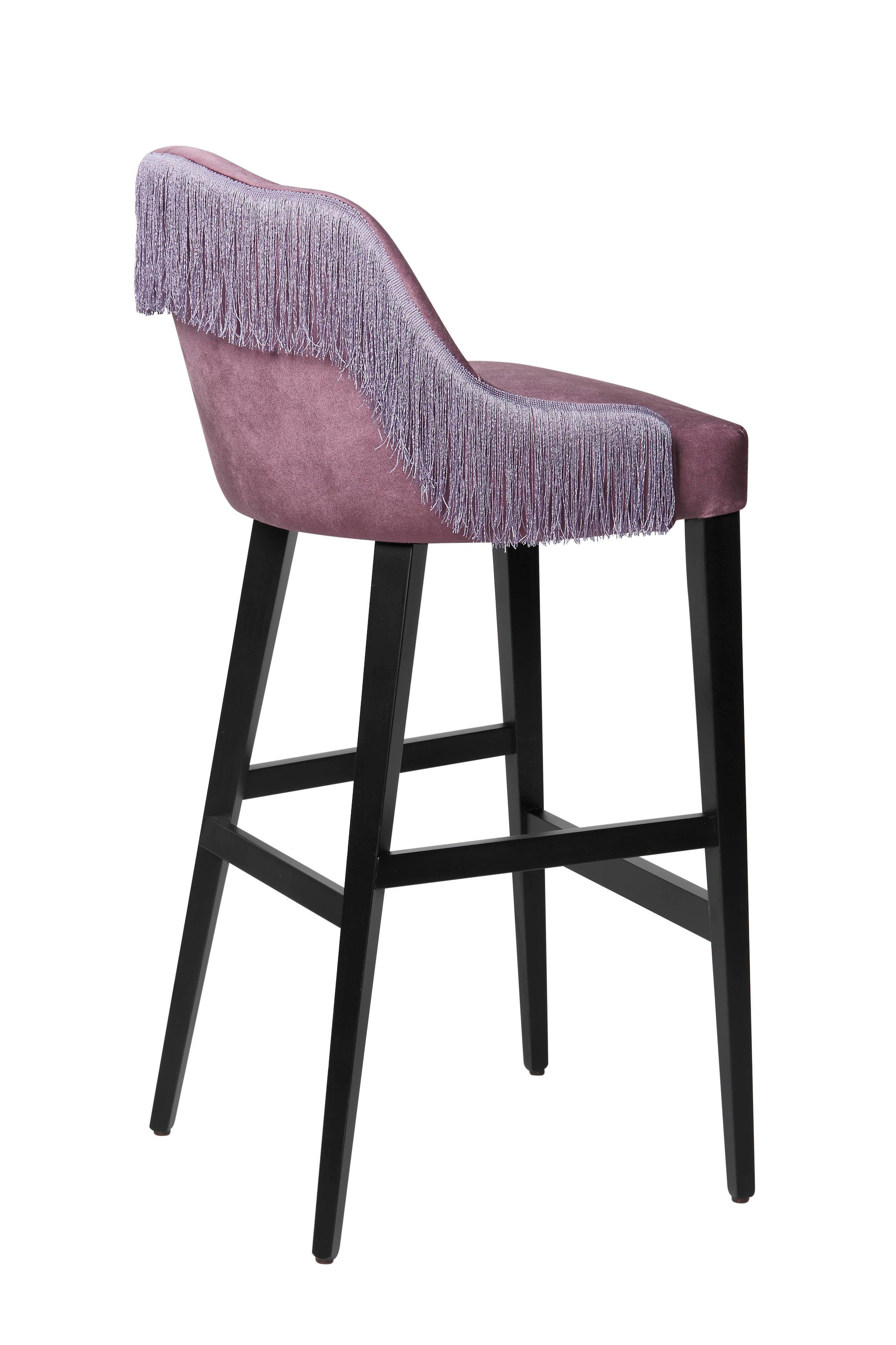 Italian Couture Velvet Barstool in Silk Fringes, Set of 4 In New Condition For Sale In New York, NY