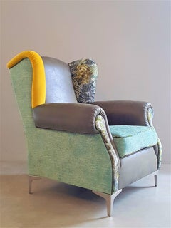 Italian Crafts Faux Leather Damask Fabric and Velvet Patchwork Bergére Armchair