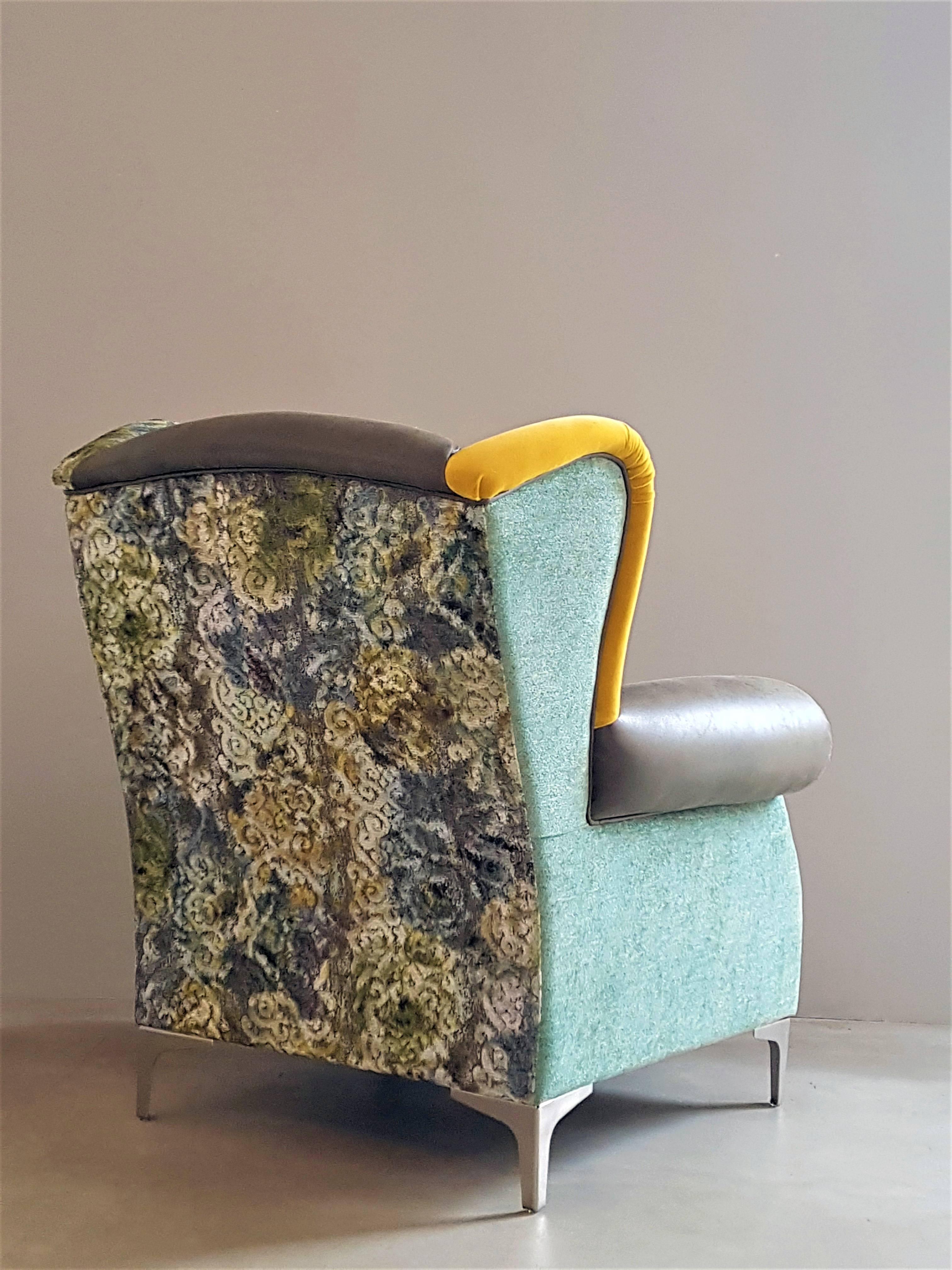 Italian Crafts Faux Leather Damask Fabric and Velvet Patchwork Bergére Armchair In Excellent Condition For Sale In Vimercate, IT