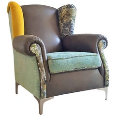 Italian Crafts Faux Leather Damask Fabric and Velvet Patchwork Bergére Armchair