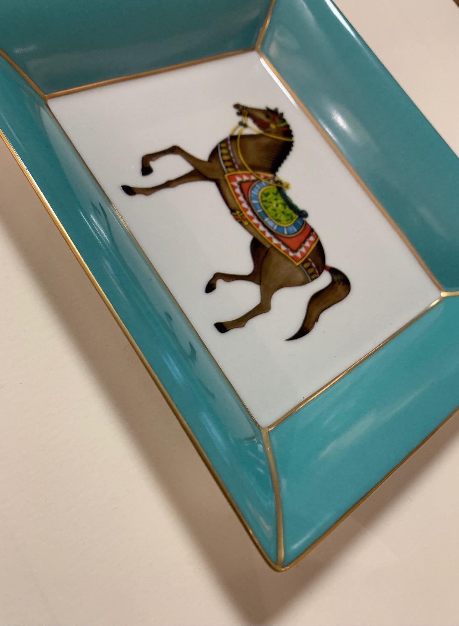 Contemporary Italian Craftsmanship Hand Painted Porcelain Tray Teal and Gold Color