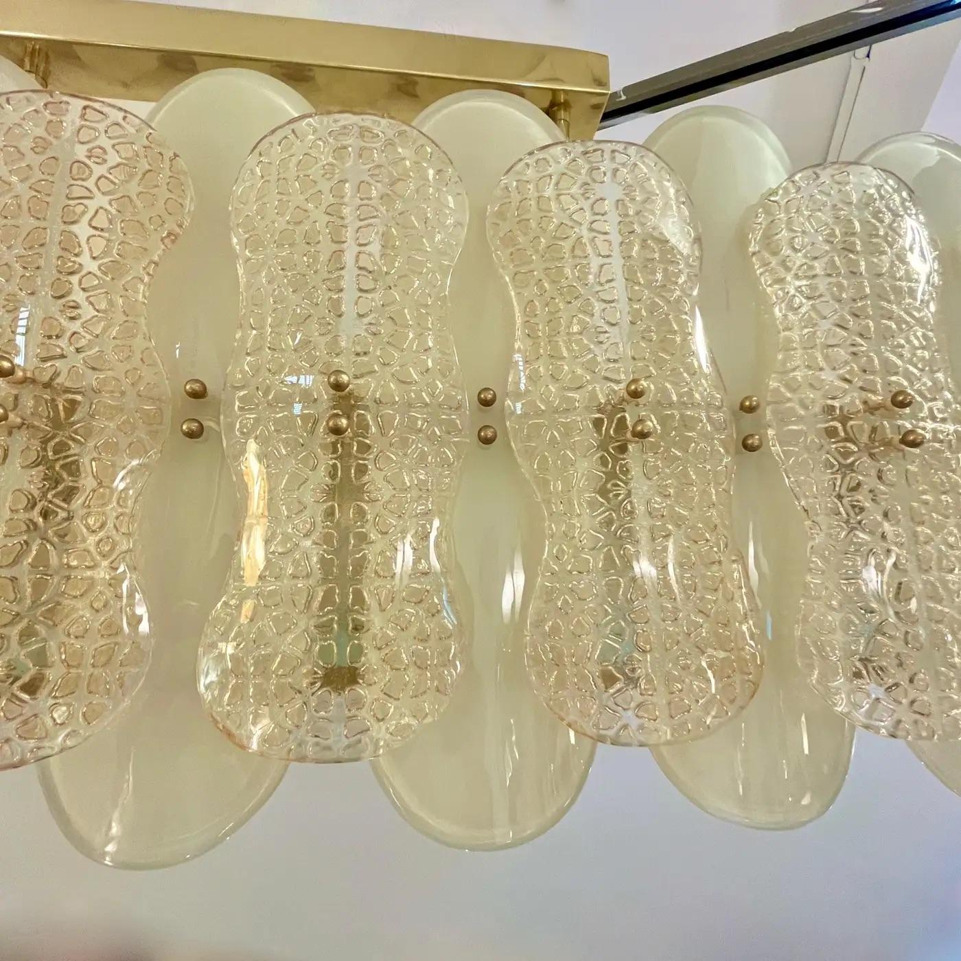 Italian Cream Ivory Crystal Gold Texture Murano Glass Oval Brass Chandelier For Sale 4