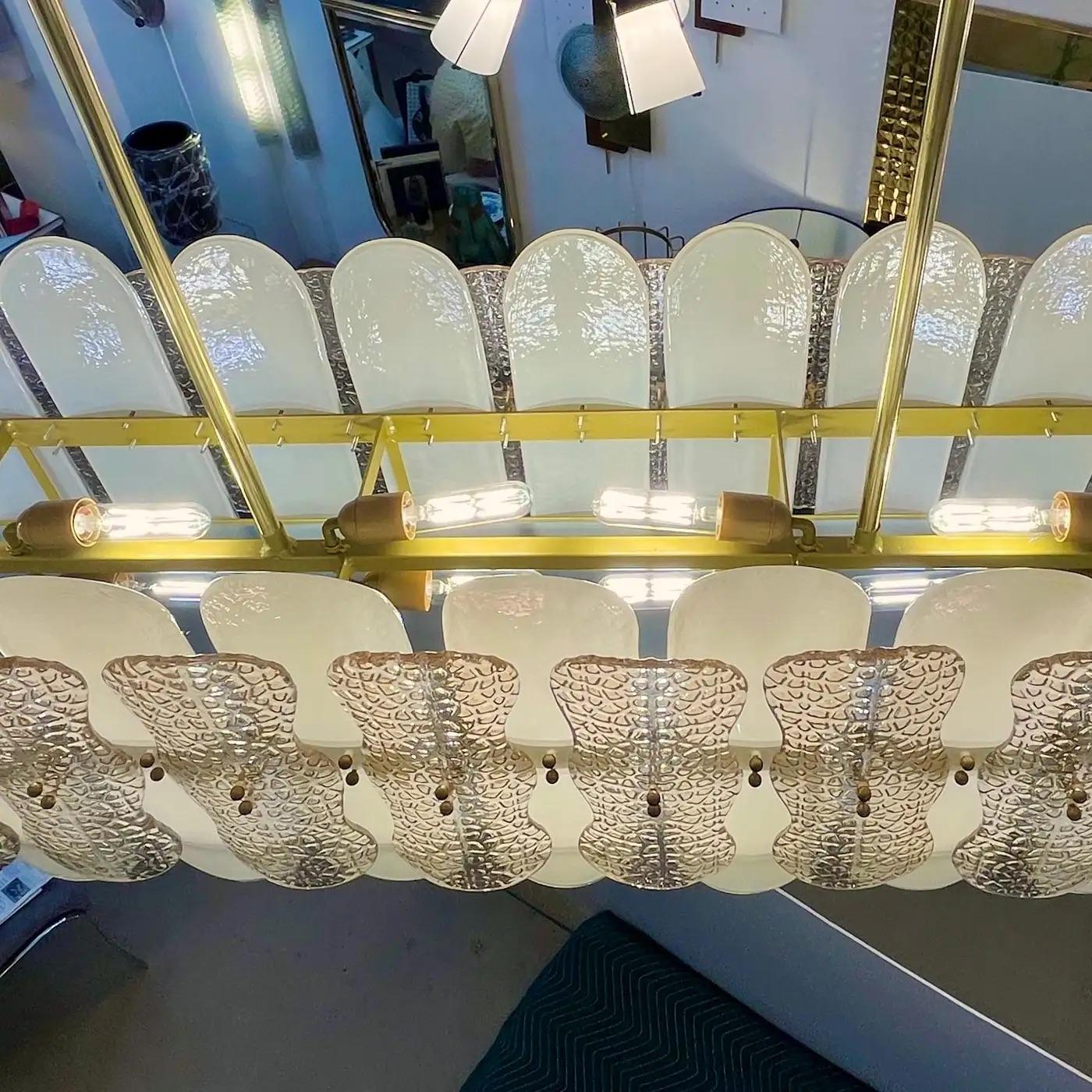 Italian Cream Ivory Crystal Gold Texture Murano Glass Oval Brass Chandelier For Sale 6