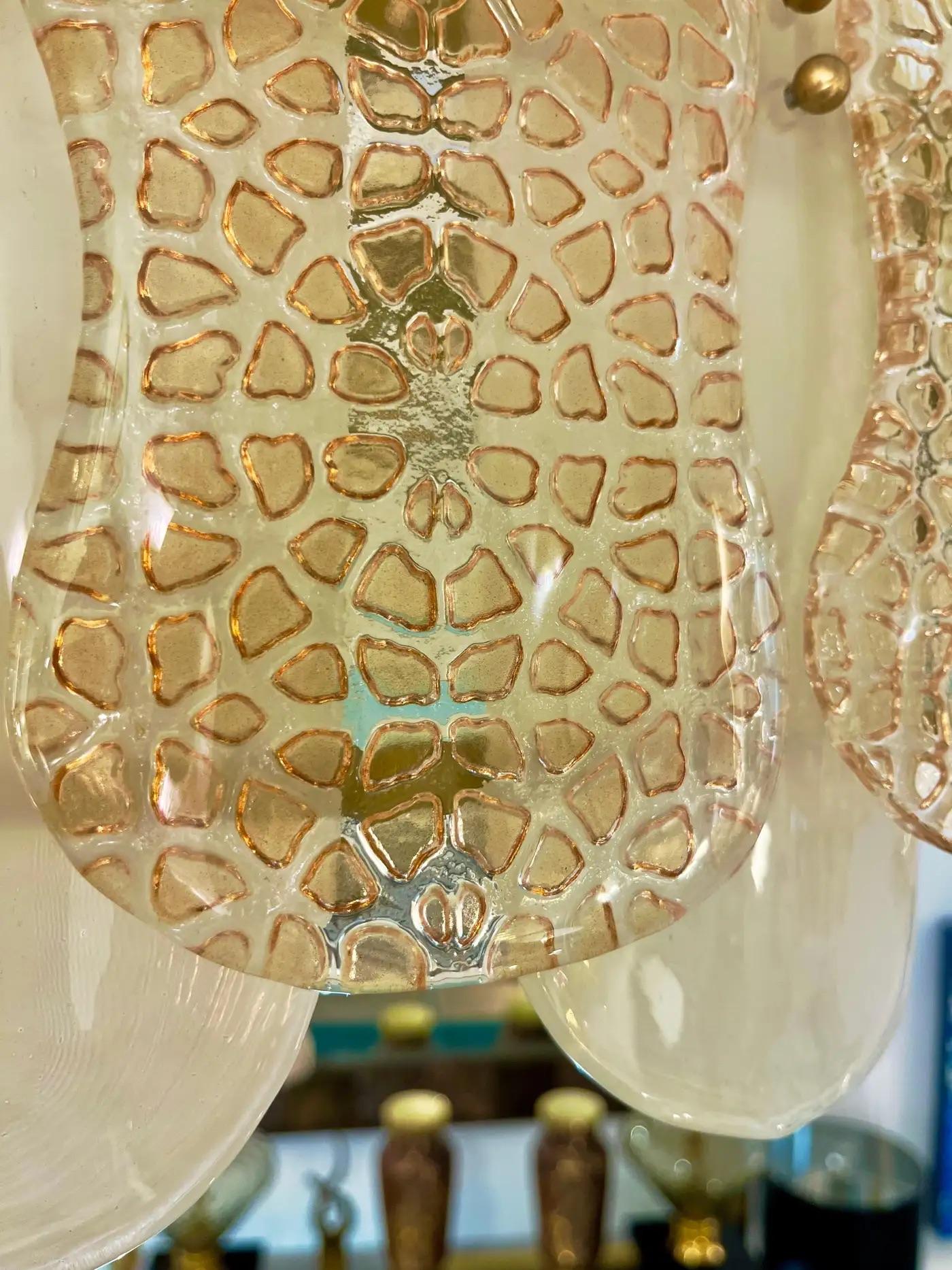 Italian Cream Ivory Crystal Gold Texture Murano Glass Oval Brass Chandelier For Sale 7