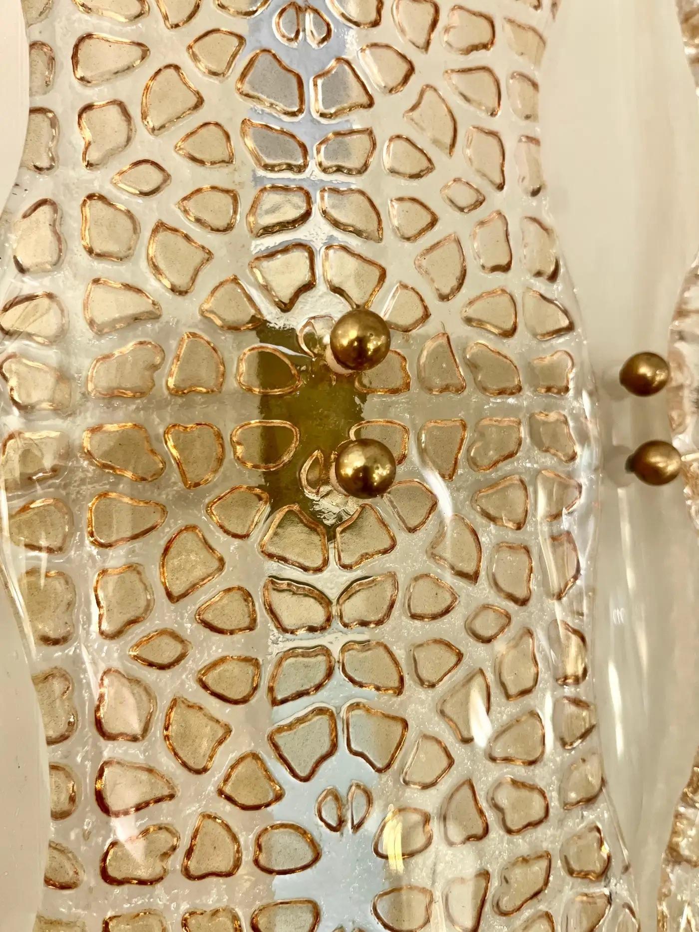 Frosted Italian Cream Ivory Crystal Gold Texture Murano Glass Oval Brass Chandelier For Sale