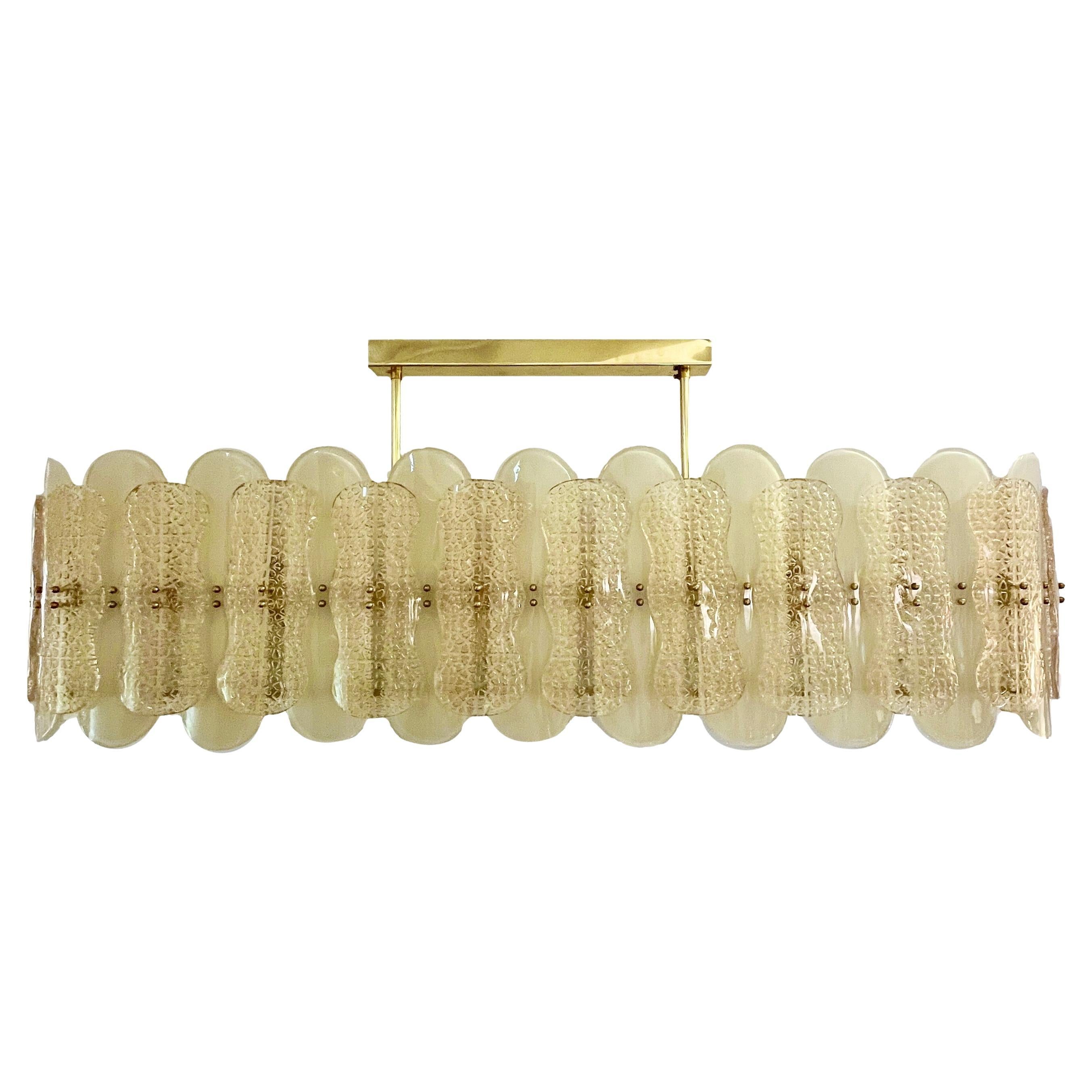 Italian Cream Ivory Crystal Gold Texture Murano Glass Oval Brass Chandelier