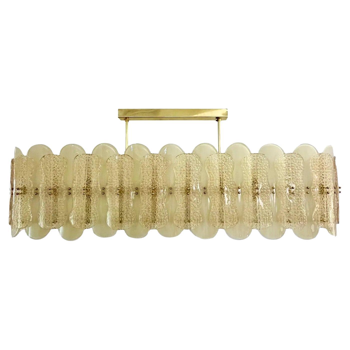 Italian Cream Ivory Crystal Gold Texture Murano Glass Oval Brass Chandelier