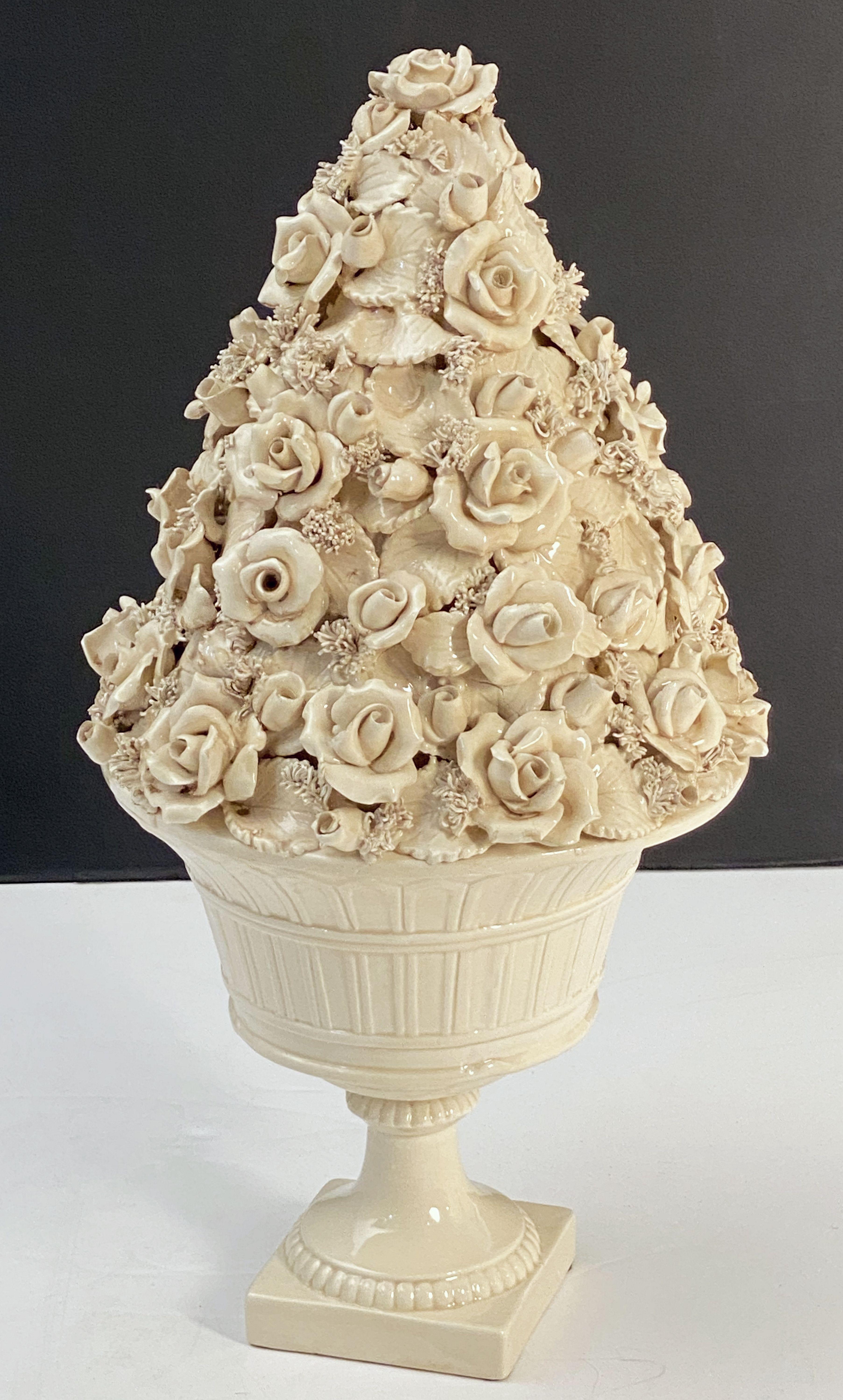 Italian Creamware or White Glazed Pedestal Bowl with Rose Topiary Top 6