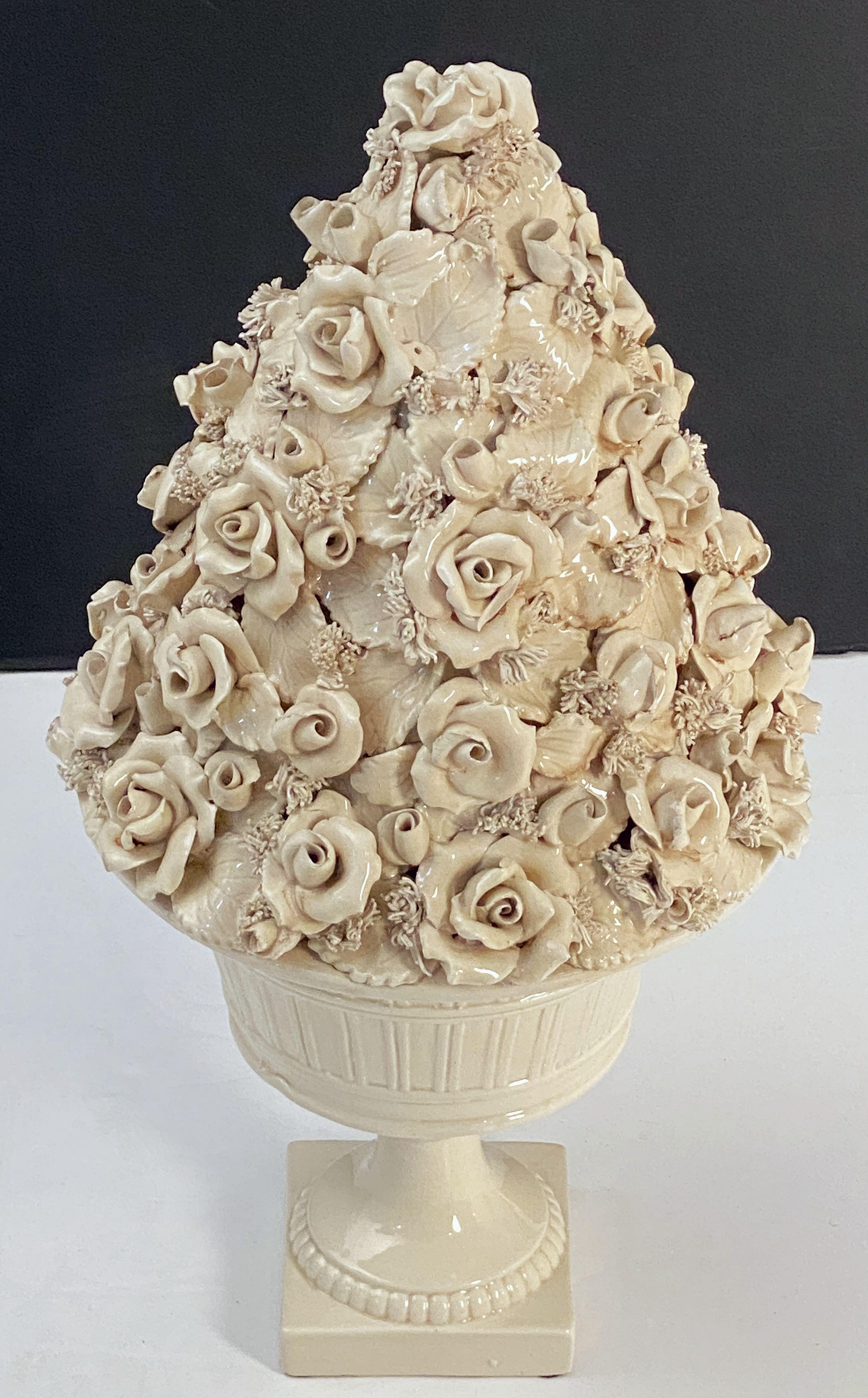 Italian Creamware or White Glazed Pedestal Bowl with Rose Topiary Top 7