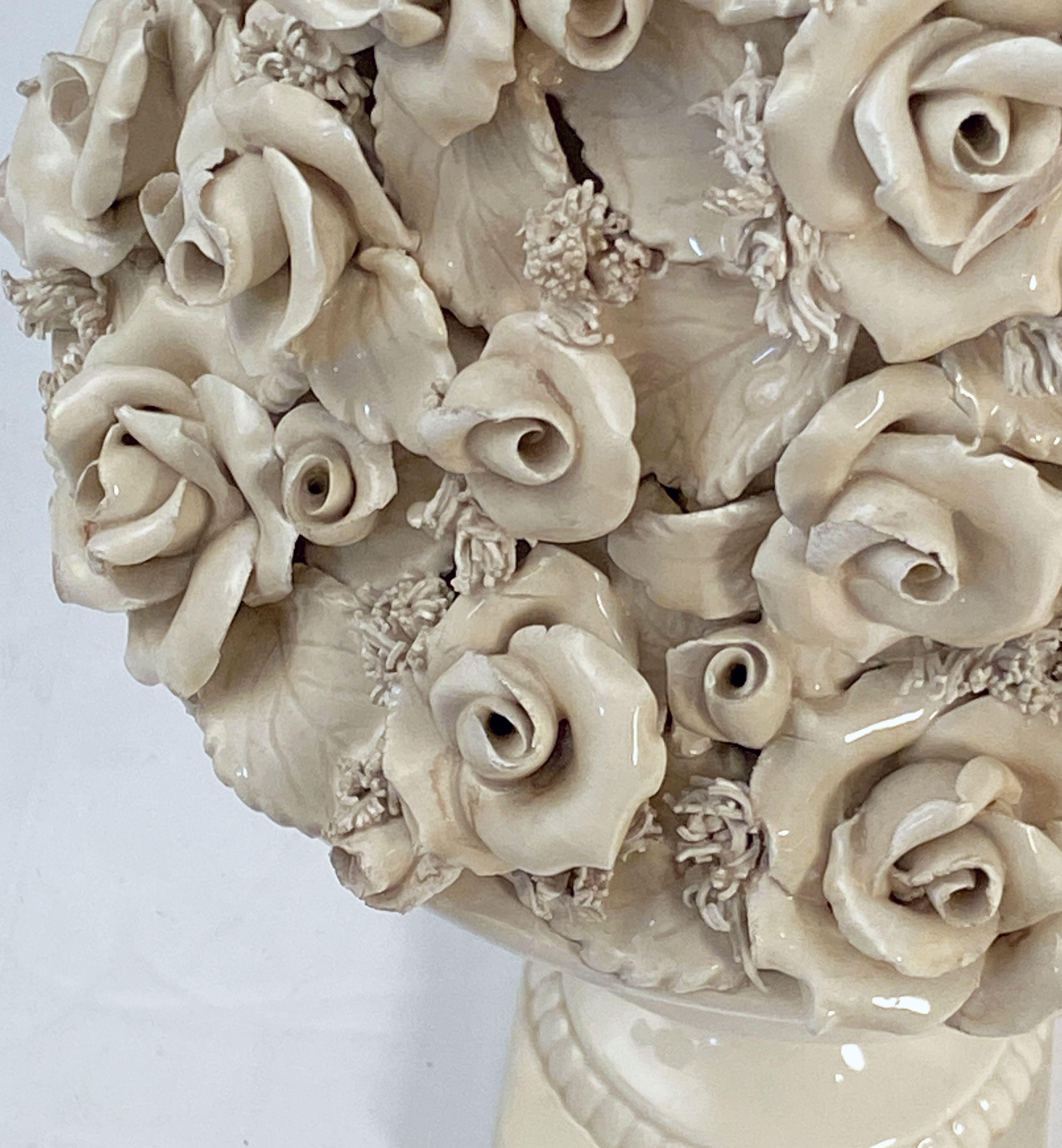 Italian Creamware or White Glazed Pedestal Bowl with Rose Topiary Top 9