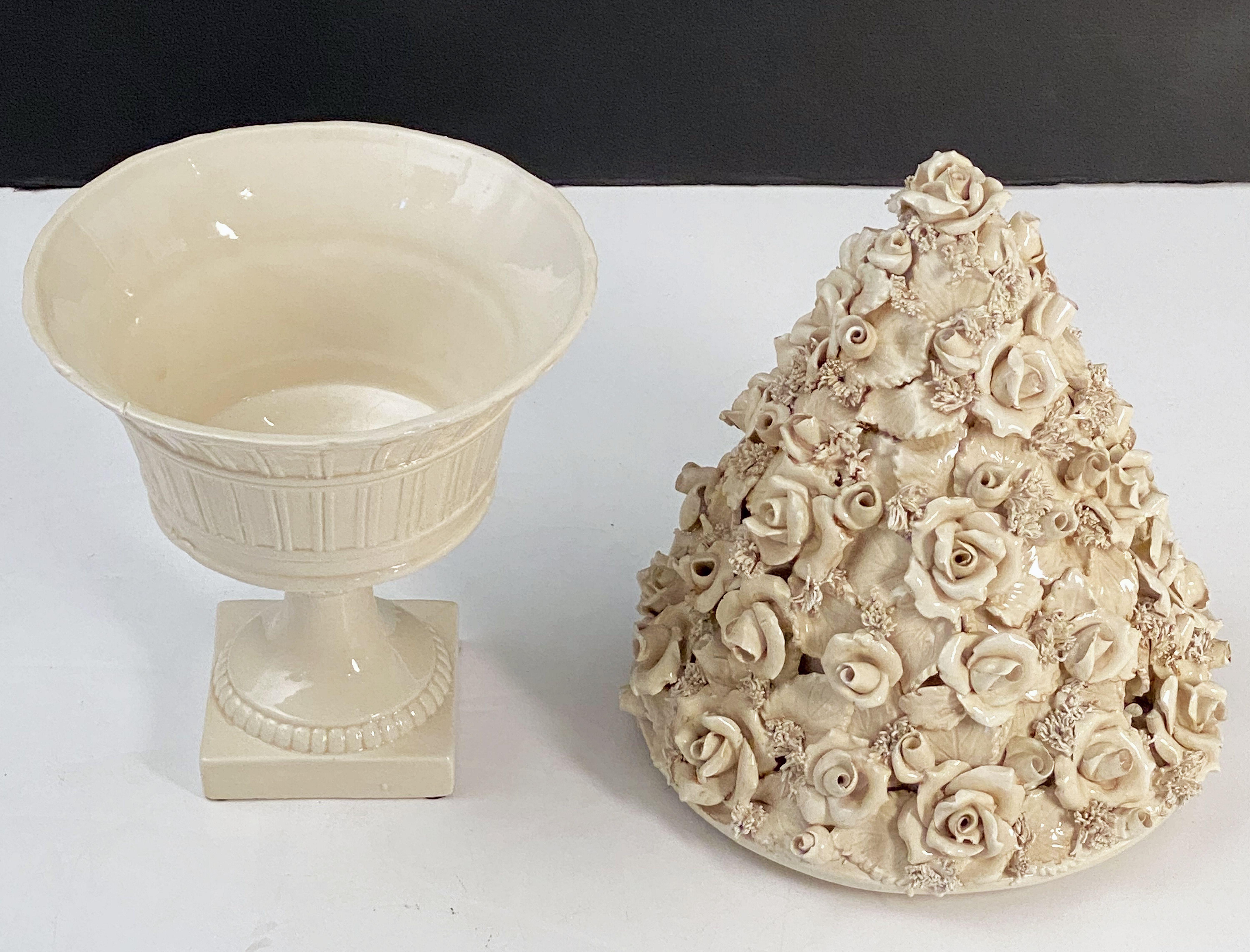 Italian Creamware or White Glazed Pedestal Bowl with Rose Topiary Top 10