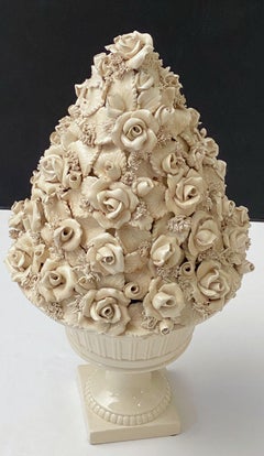 Italian Creamware or White Glazed Pedestal Bowl with Rose Topiary Top