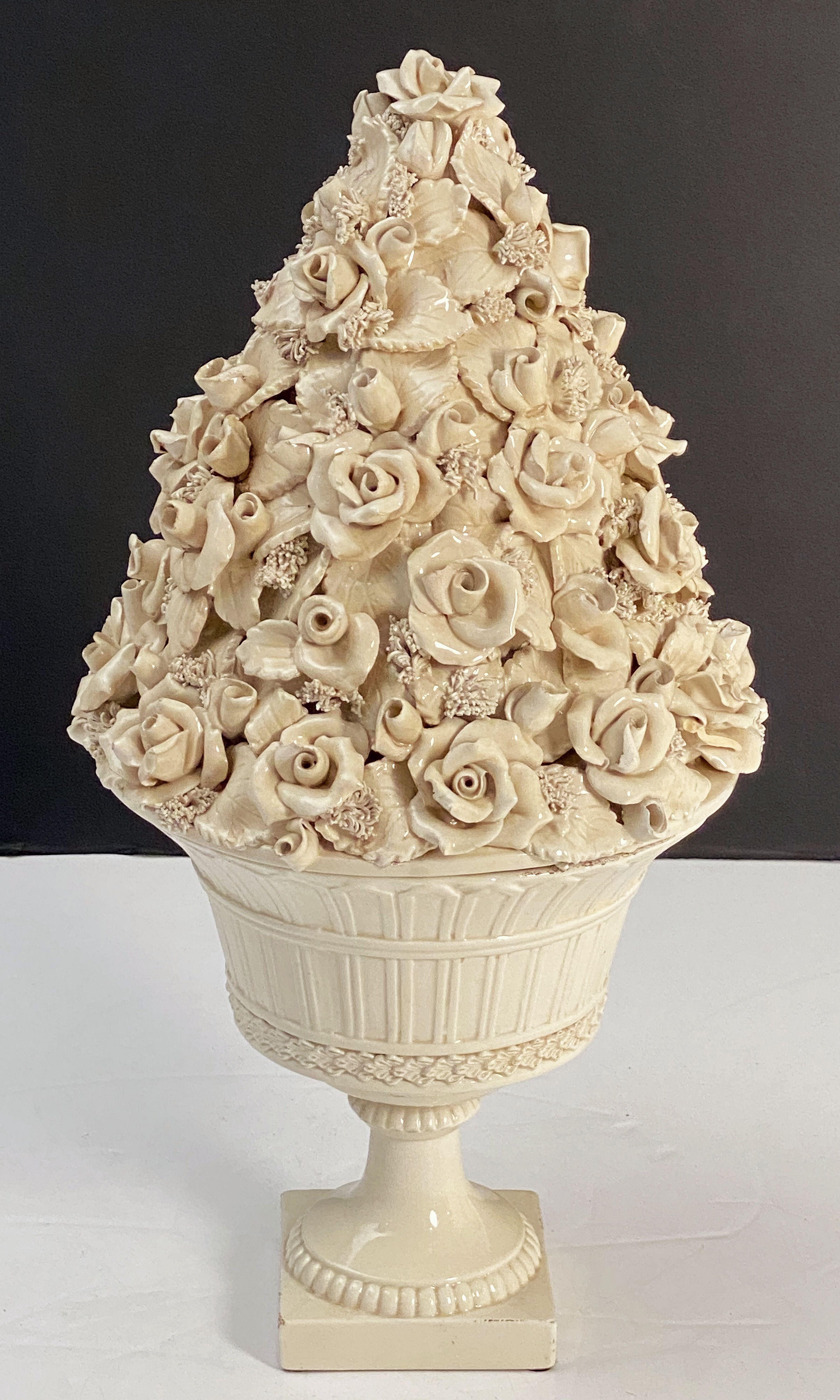 Italian Cream Ware or White Glazed Pedestal Bowl with Rose Topiary Top In Good Condition In Austin, TX