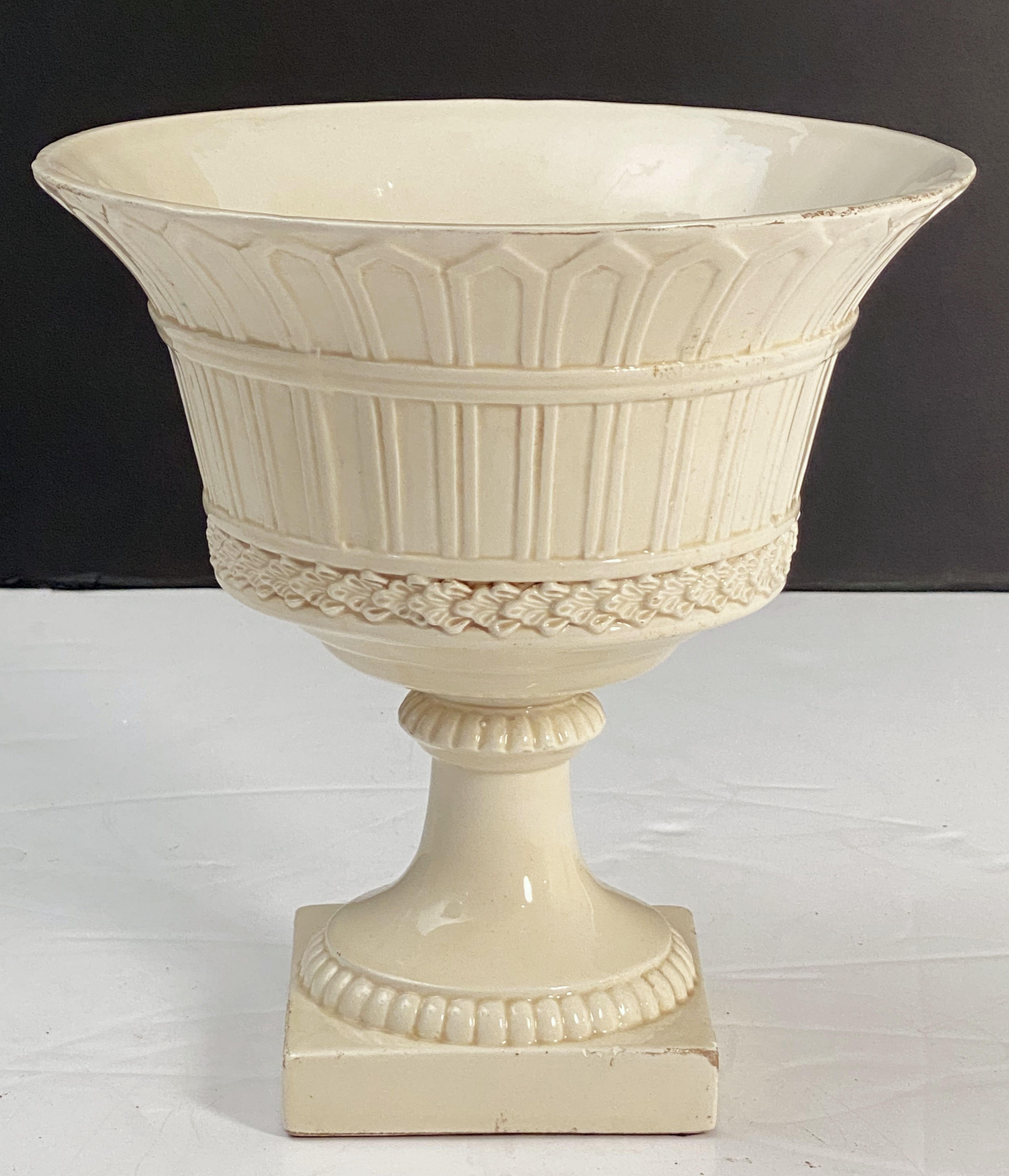 20th Century Italian Cream Ware or White Glazed Pedestal Bowl with Rose Topiary Top