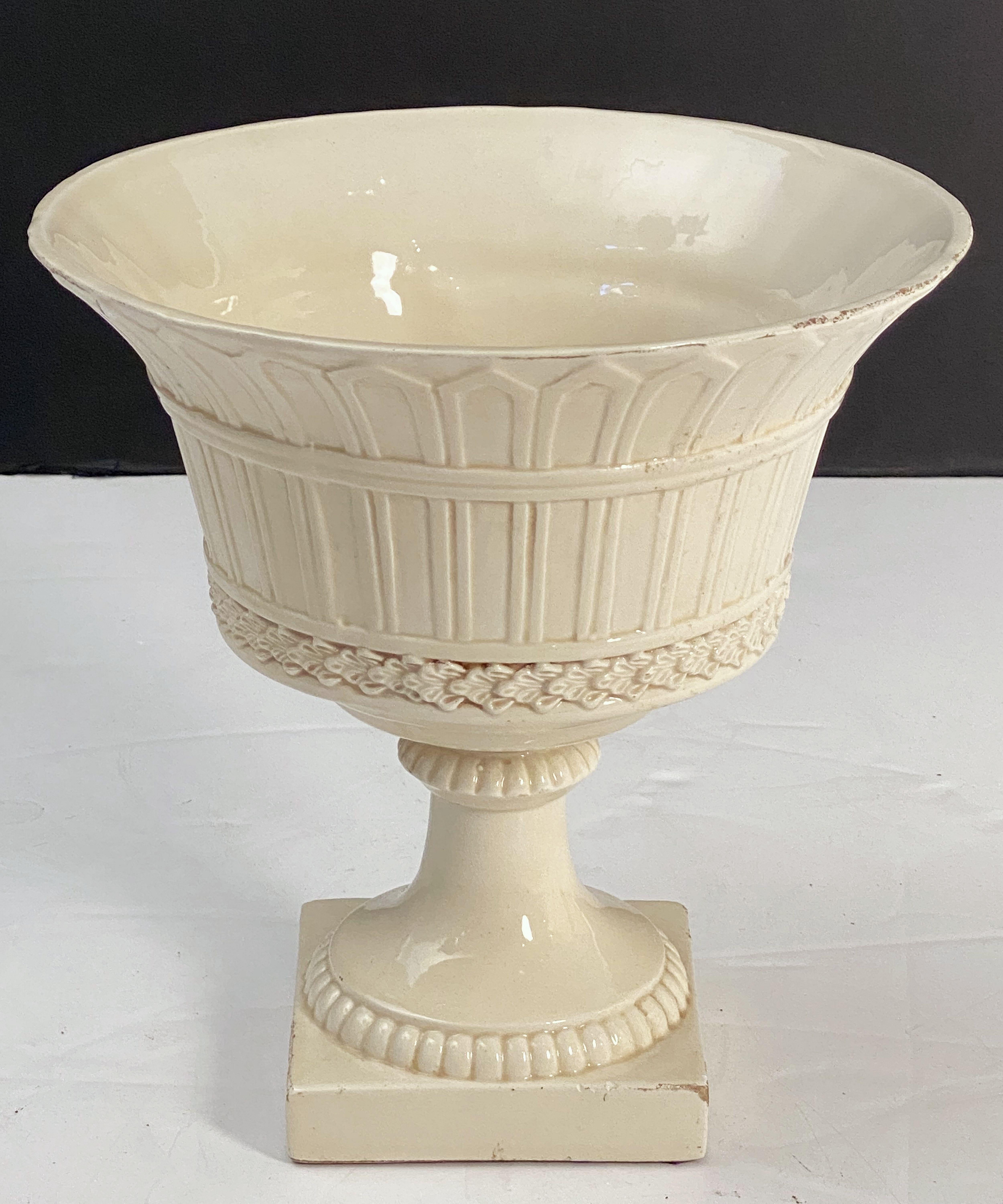 Earthenware Italian Cream Ware or White Glazed Pedestal Bowl with Rose Topiary Top