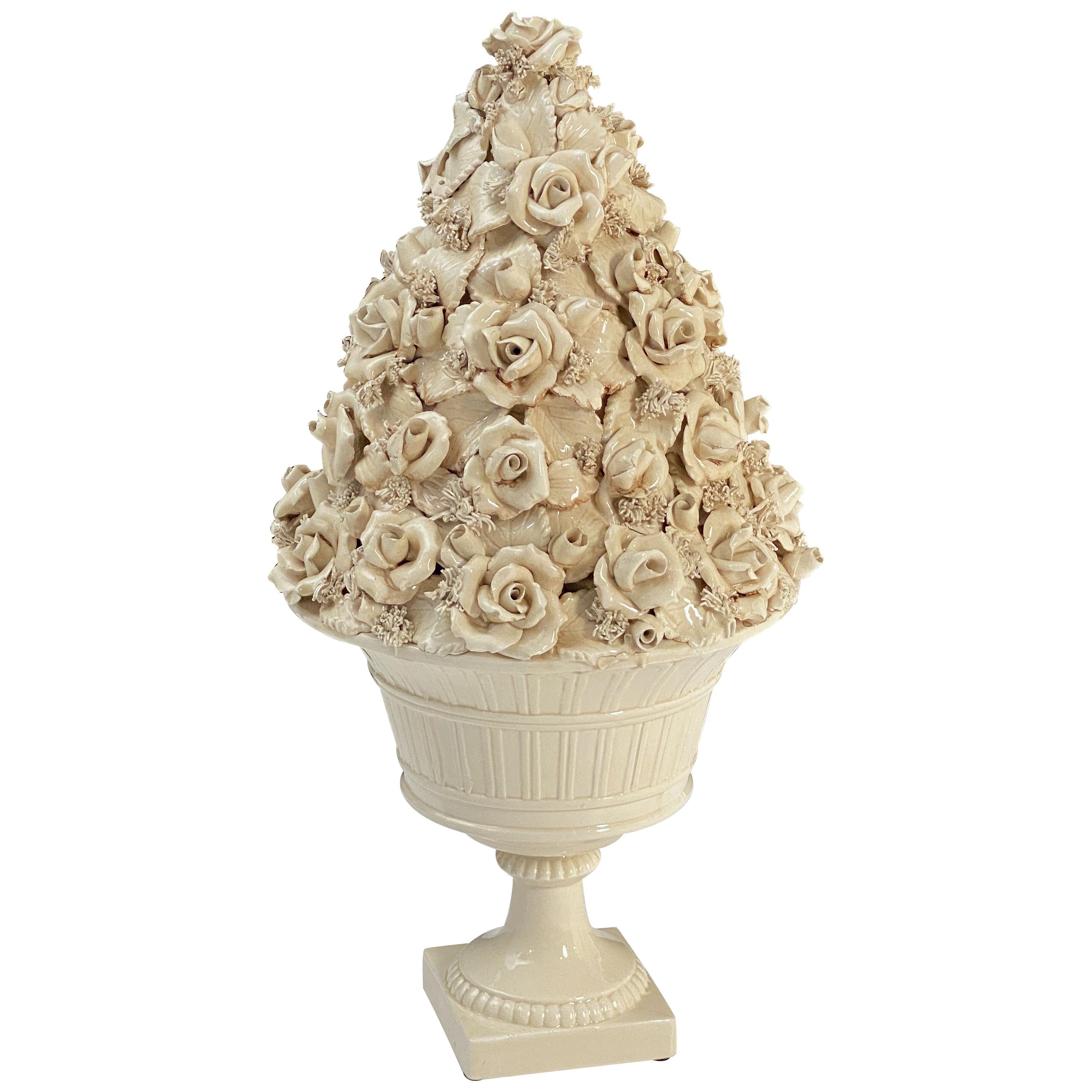 Italian Creamware or White Glazed Pedestal Bowl with Rose Topiary Top