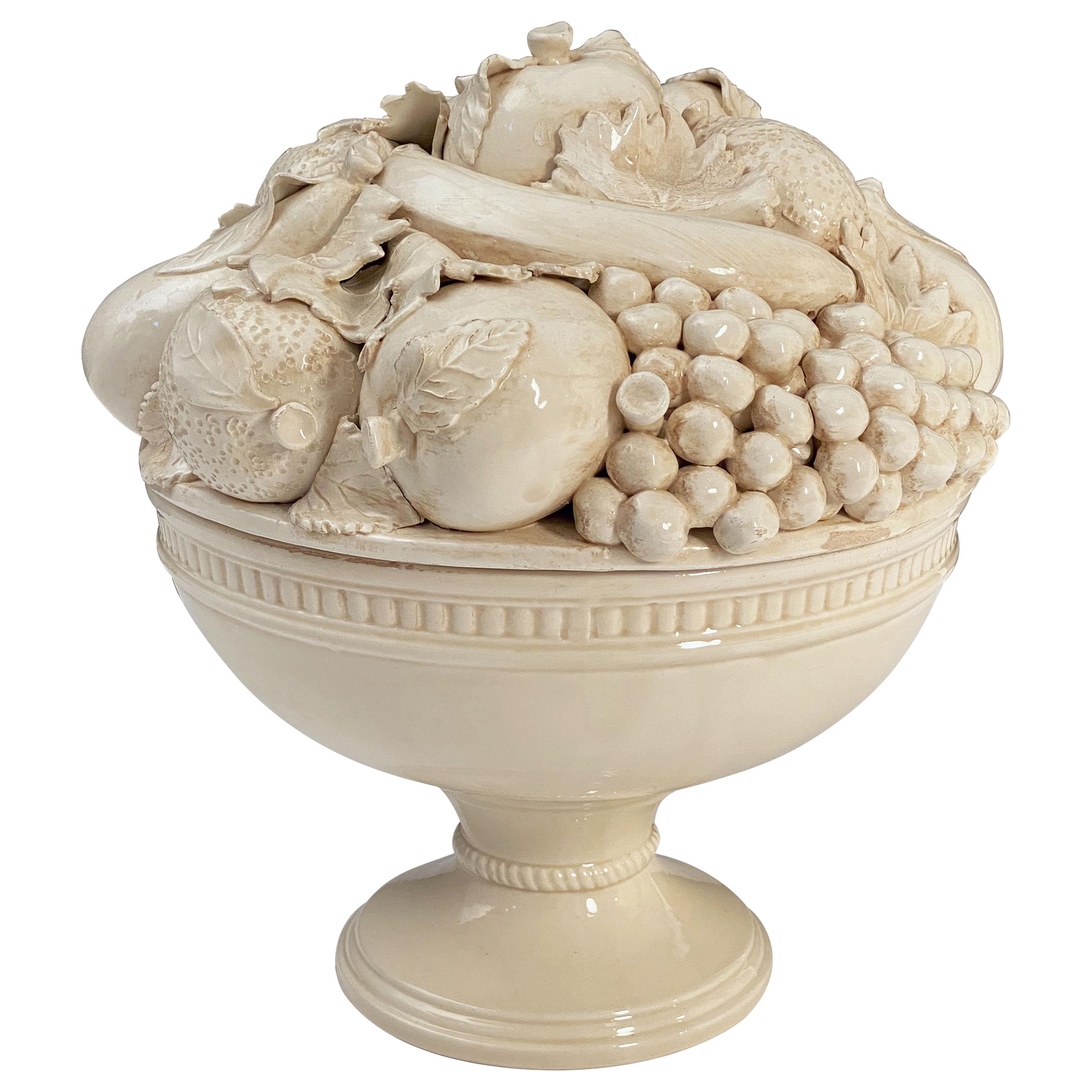 Italian Creamware Tureen or Bowl on Pedestal with Mixed Fruit Topiary Top