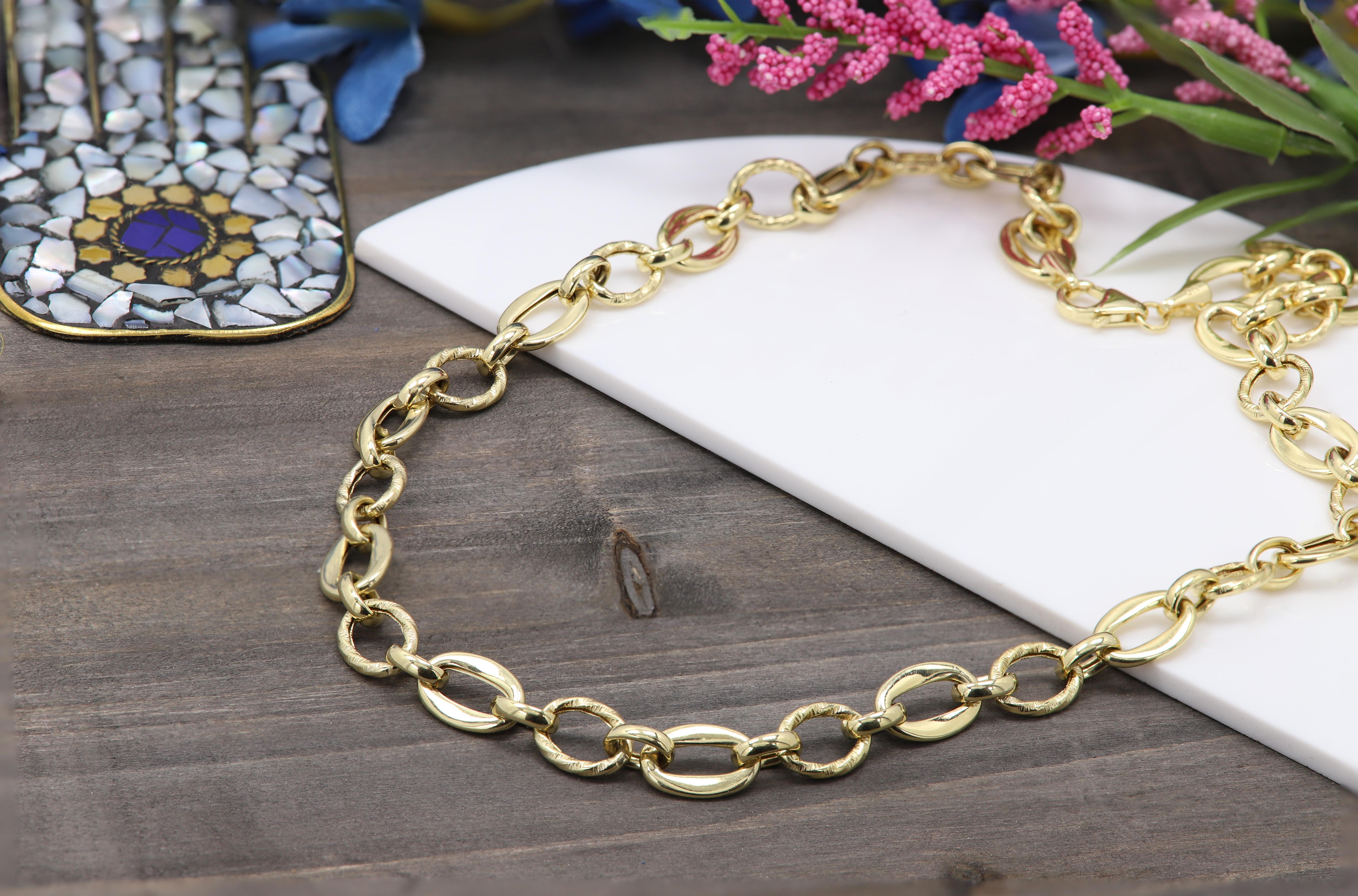 Italian Creative Link Chain set Necklace and Bracelet 14 Karat Yellow Gold Links For Sale 6