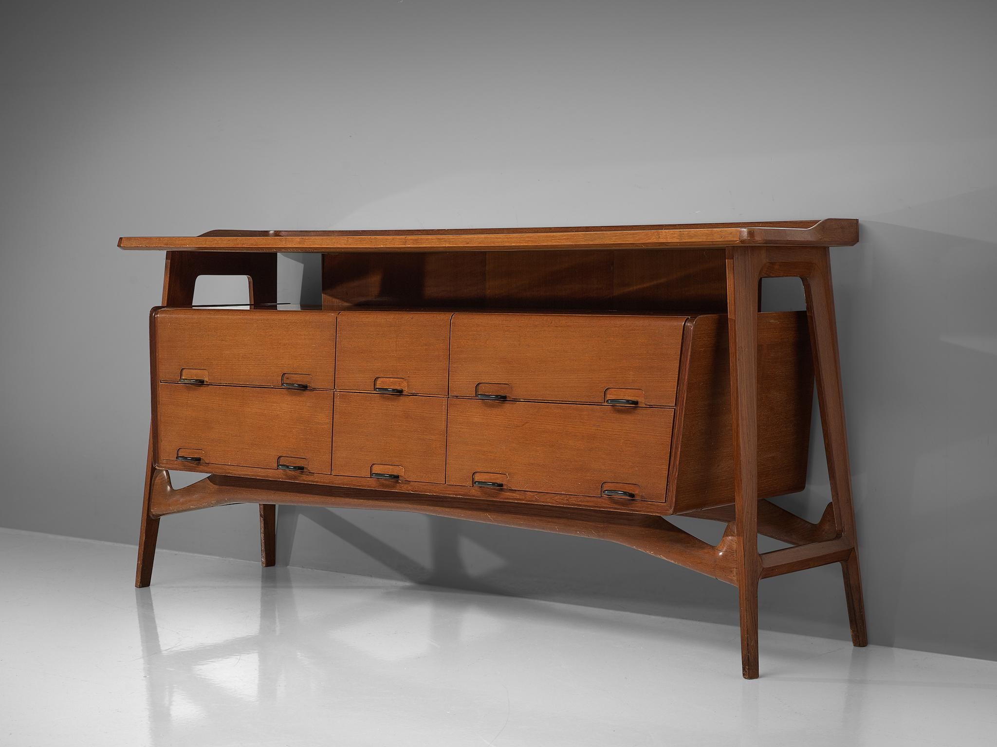 Mid-Century Modern Italian Credenza in Fruitwood and Glass